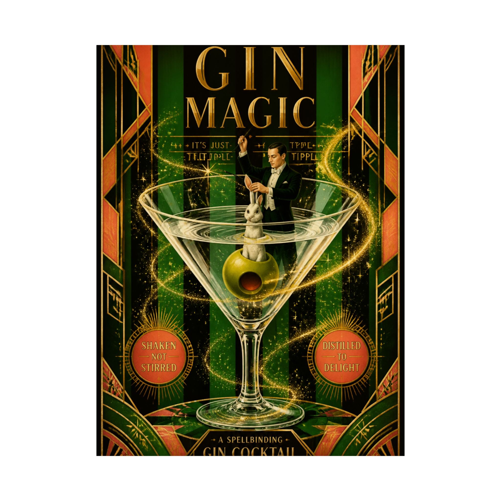 Martini Magician Wall Art Poster 24×36 Art Deco Bar Area Decor Maximalist Print