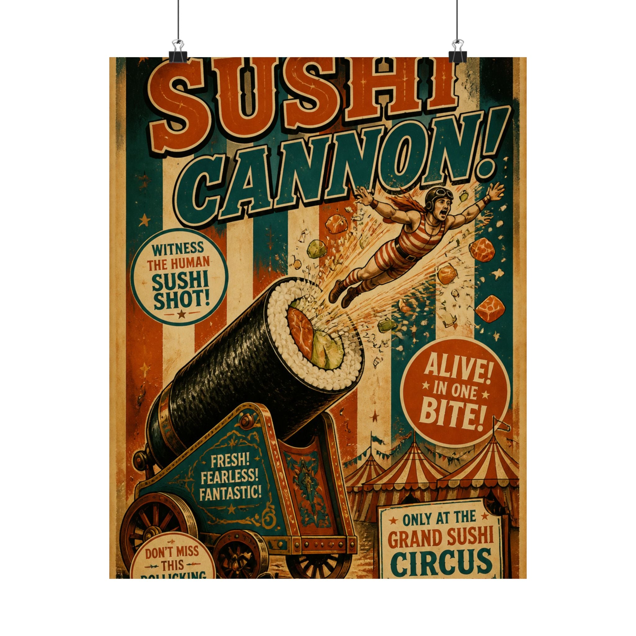 Sushi Roll Cannon Wall Art Poster 24×36 Vintage Circus Bedroom Decor Maximalist Print