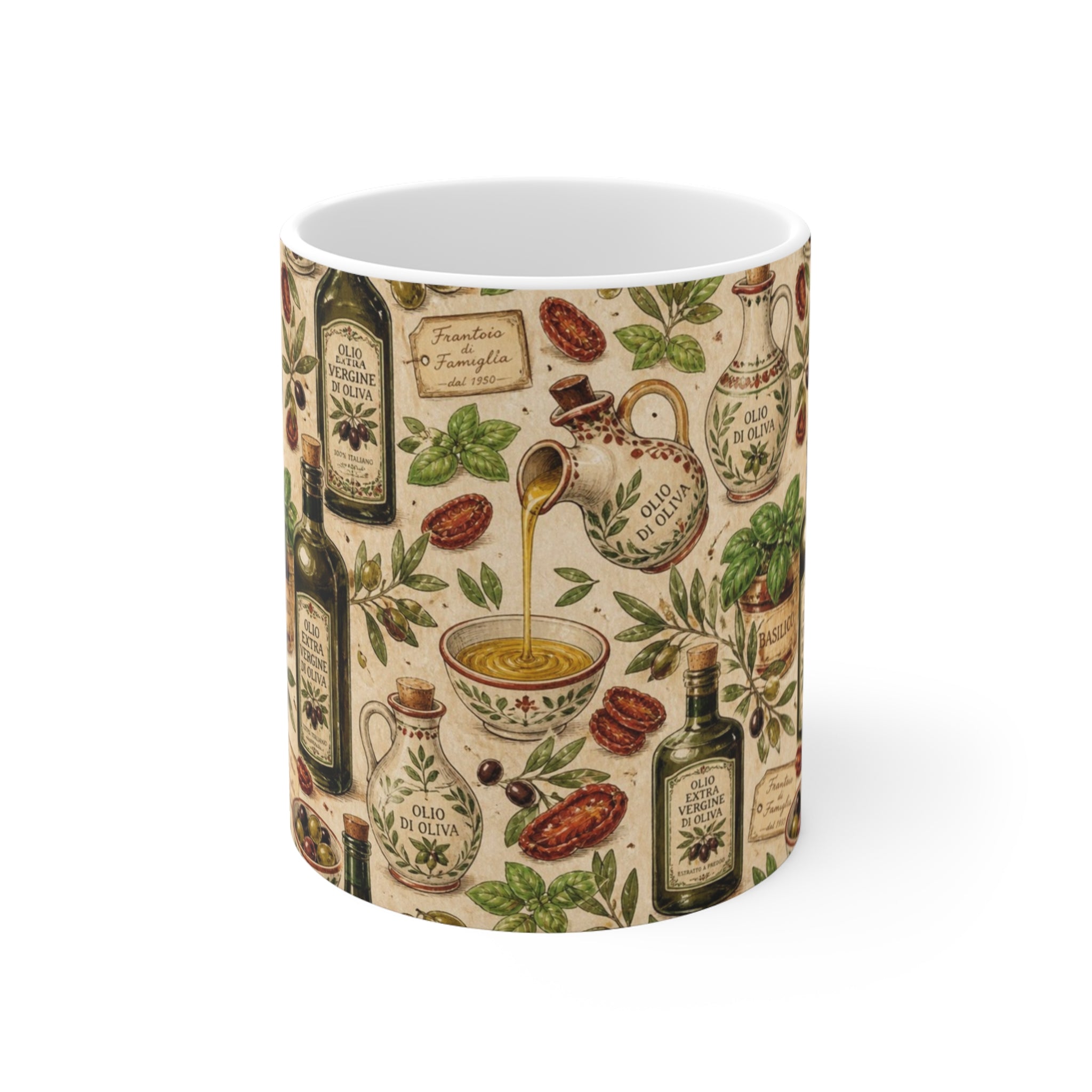 Olive Oil Bottles 11oz Ceramic Mug Mediterranean Kitchen Watercolor Design Italian Cottagecore Gift