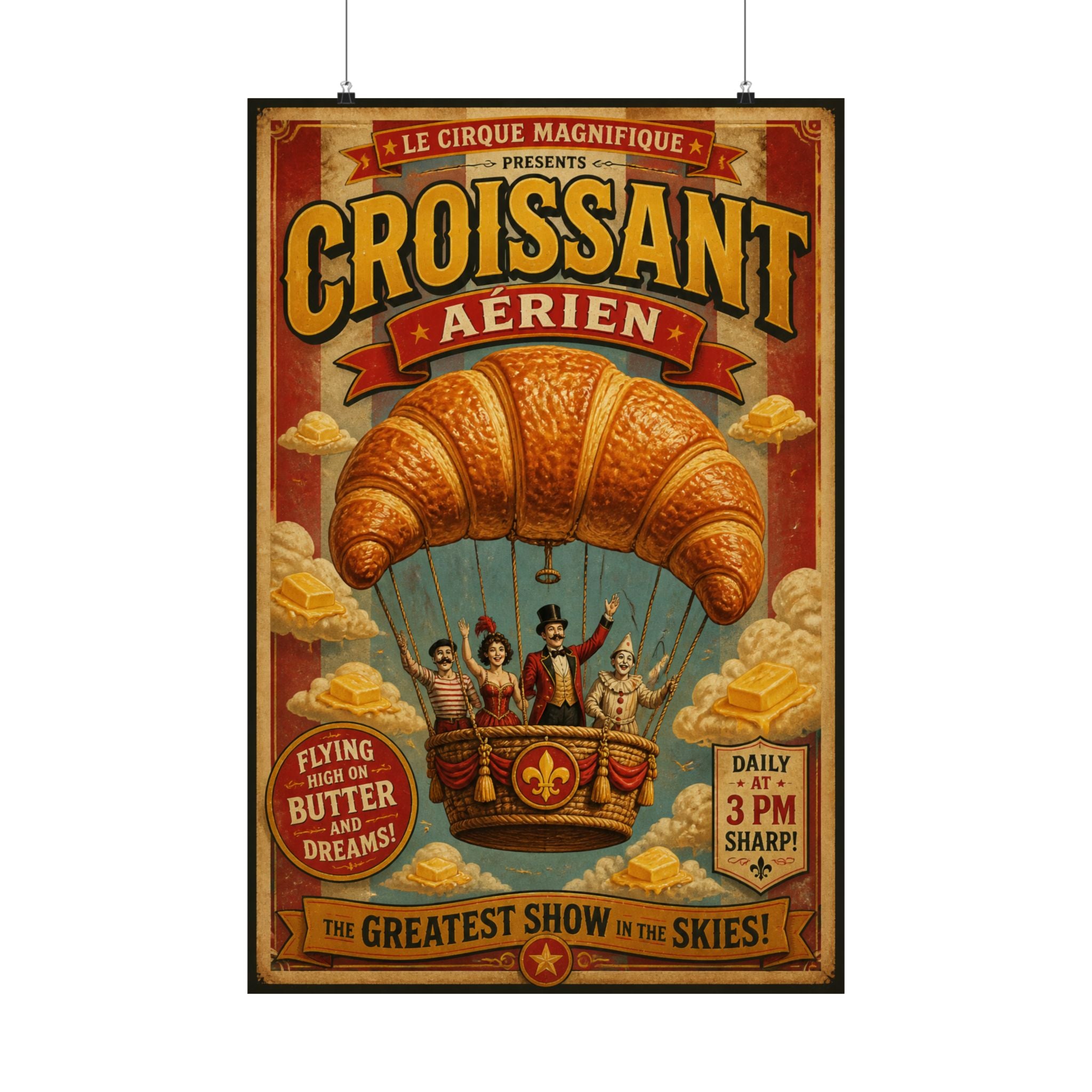 Croissant Hot Air Balloon Wall Art Poster 18×24 Vintage Circus Kitchen Decor Maximalist Print