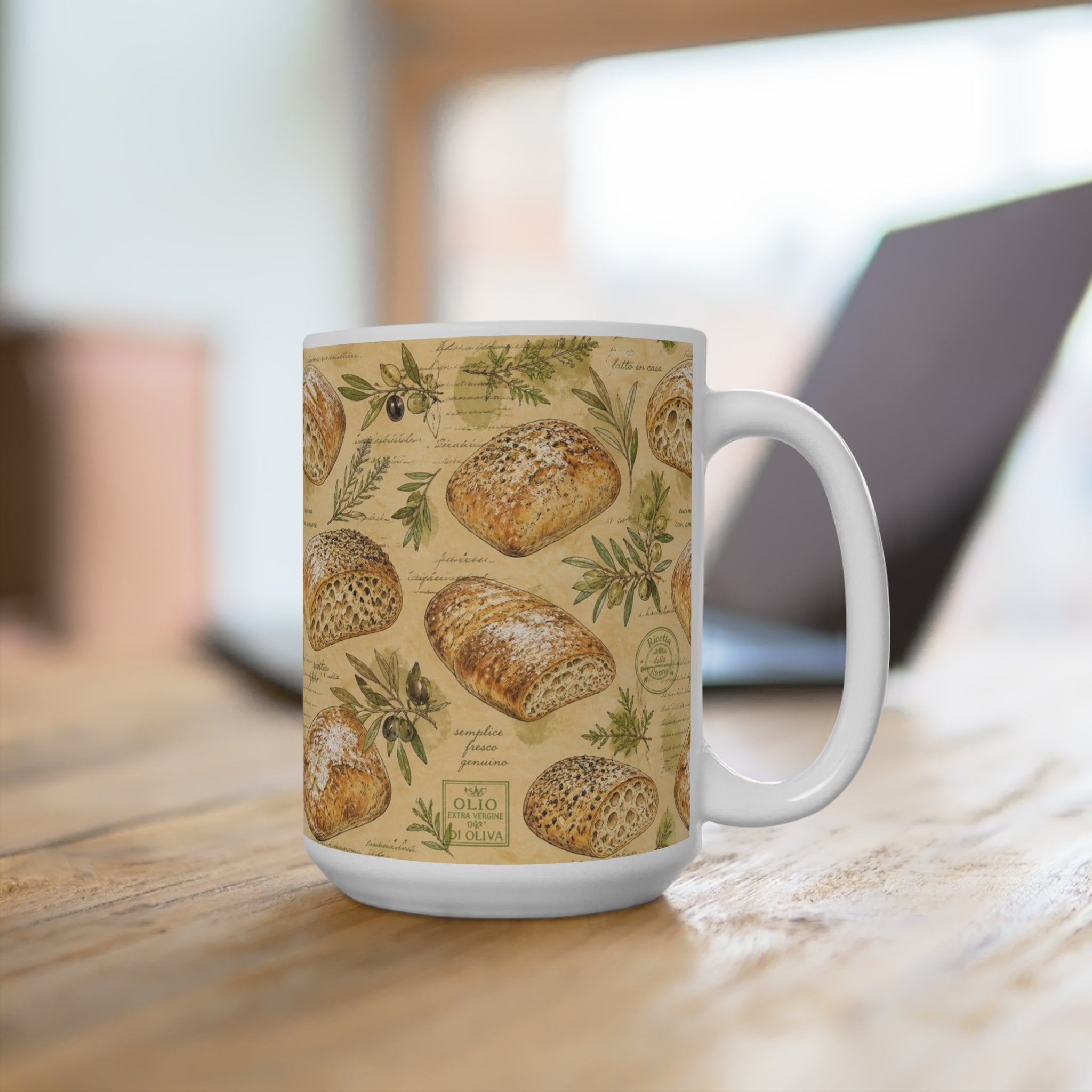 Ciabatta Rolls 15oz Ceramic Mug Mediterranean Kitchen Watercolor Design Italian Cottagecore Gift
