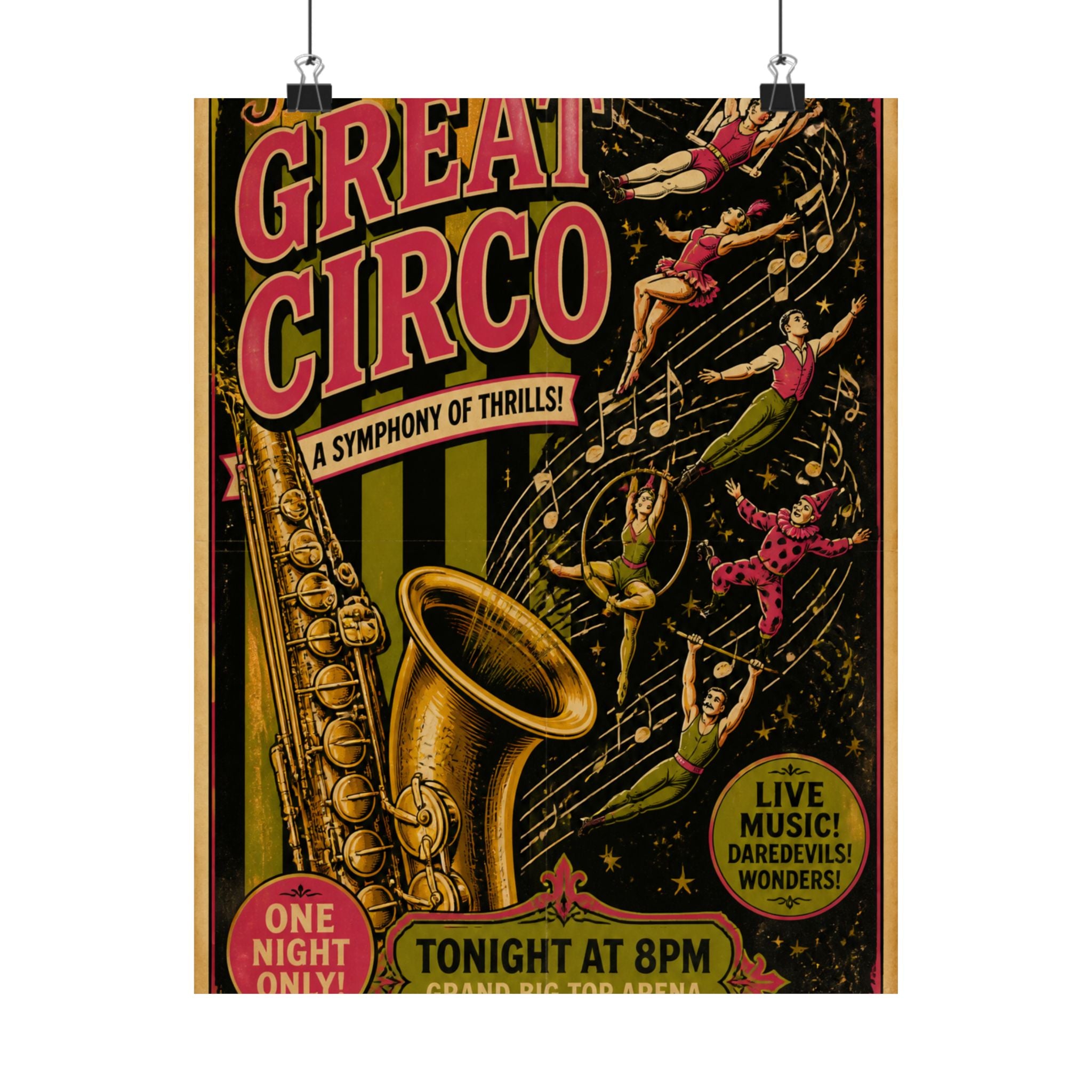 Saxophone Music Circus Wall Art Poster 24×36 Vintage Circus Bedroom Decor Maximalist Print