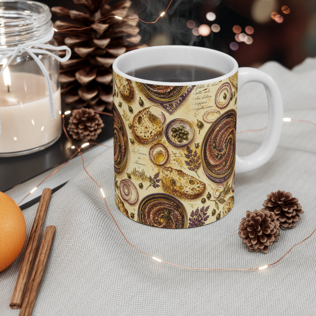 Anchovies & Capers 11oz Ceramic Mug Mediterranean Kitchen Watercolor Design Italian Cottagecore Gift