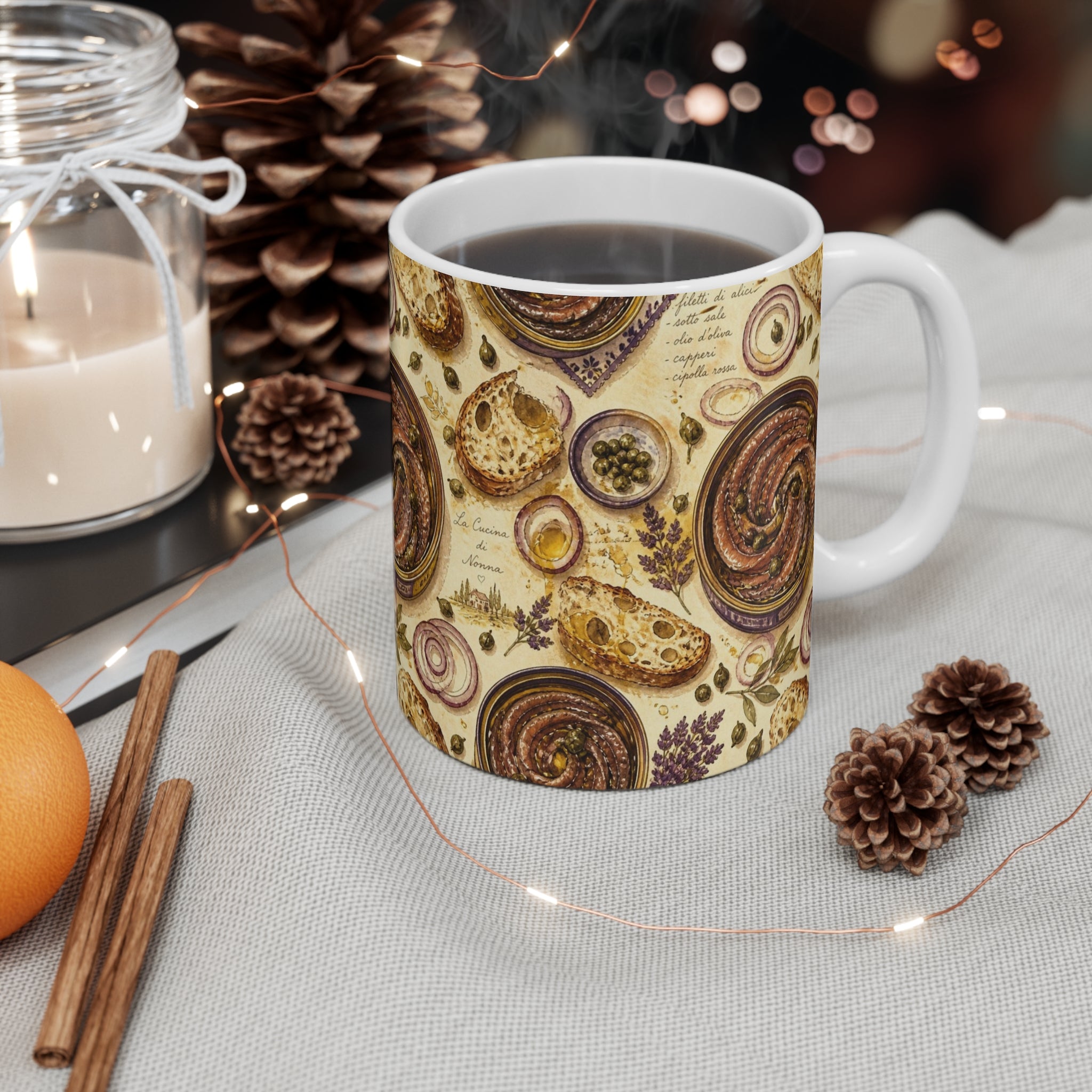 Anchovies & Capers 11oz Ceramic Mug Mediterranean Kitchen Watercolor Design Italian Cottagecore Gift
