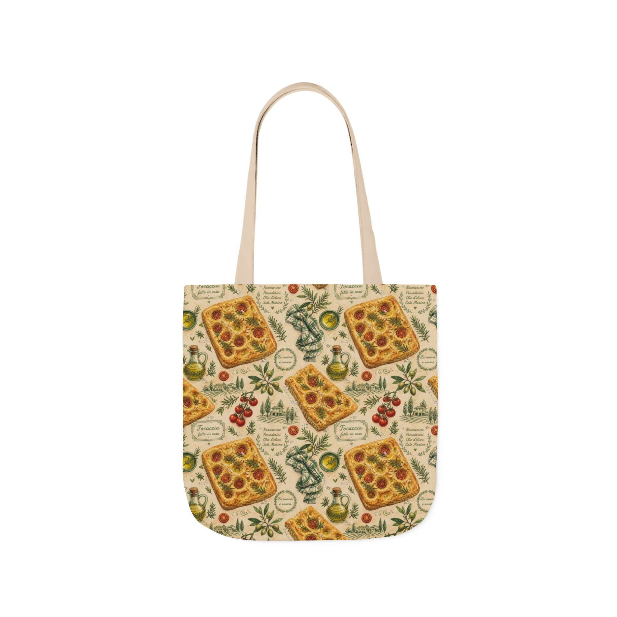 Focaccia Bread Canvas Tote Bag Mediterranean Kitchen Watercolor Design Italian Cottagecore Gift