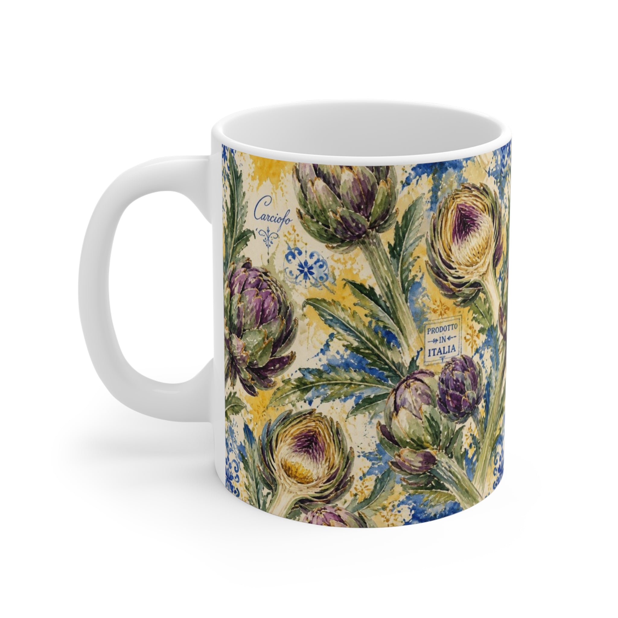 Globe Artichokes 11oz Ceramic Mug Mediterranean Kitchen Watercolor Splash Design Italian Cottagecore Gift