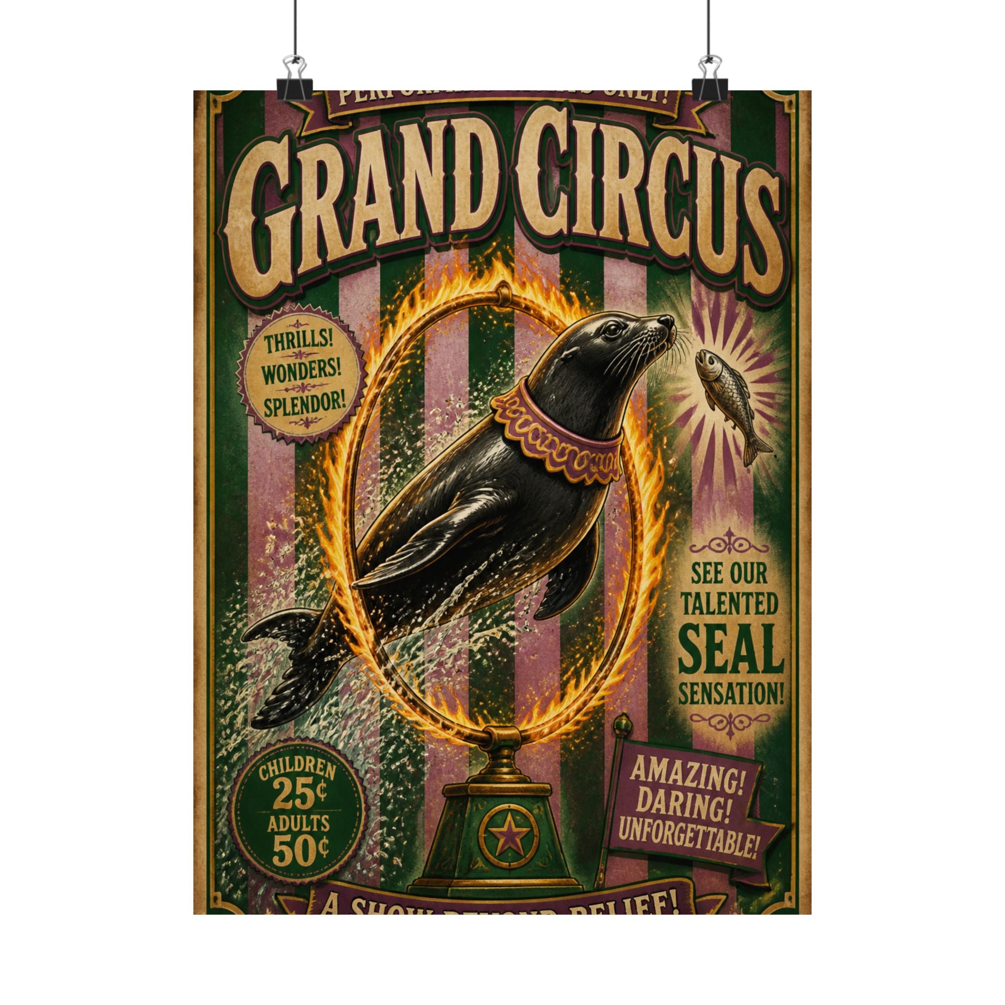 Seal Fire Hoop Wall Art Poster 24×36 Vintage Circus Bedroom Decor Maximalist Print