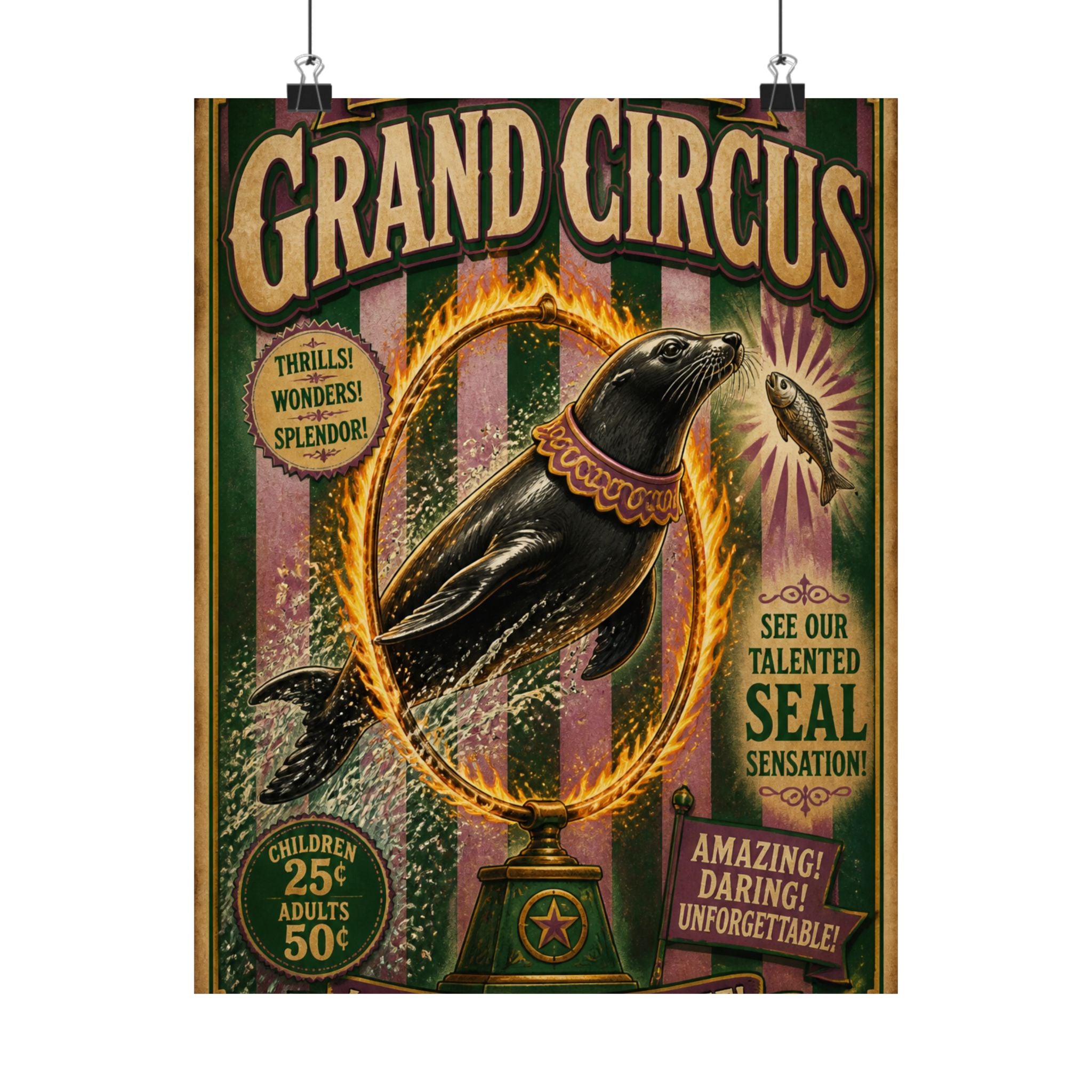 Seal Fire Hoop Wall Art Poster 24×36 Vintage Circus Bedroom Decor Maximalist Print