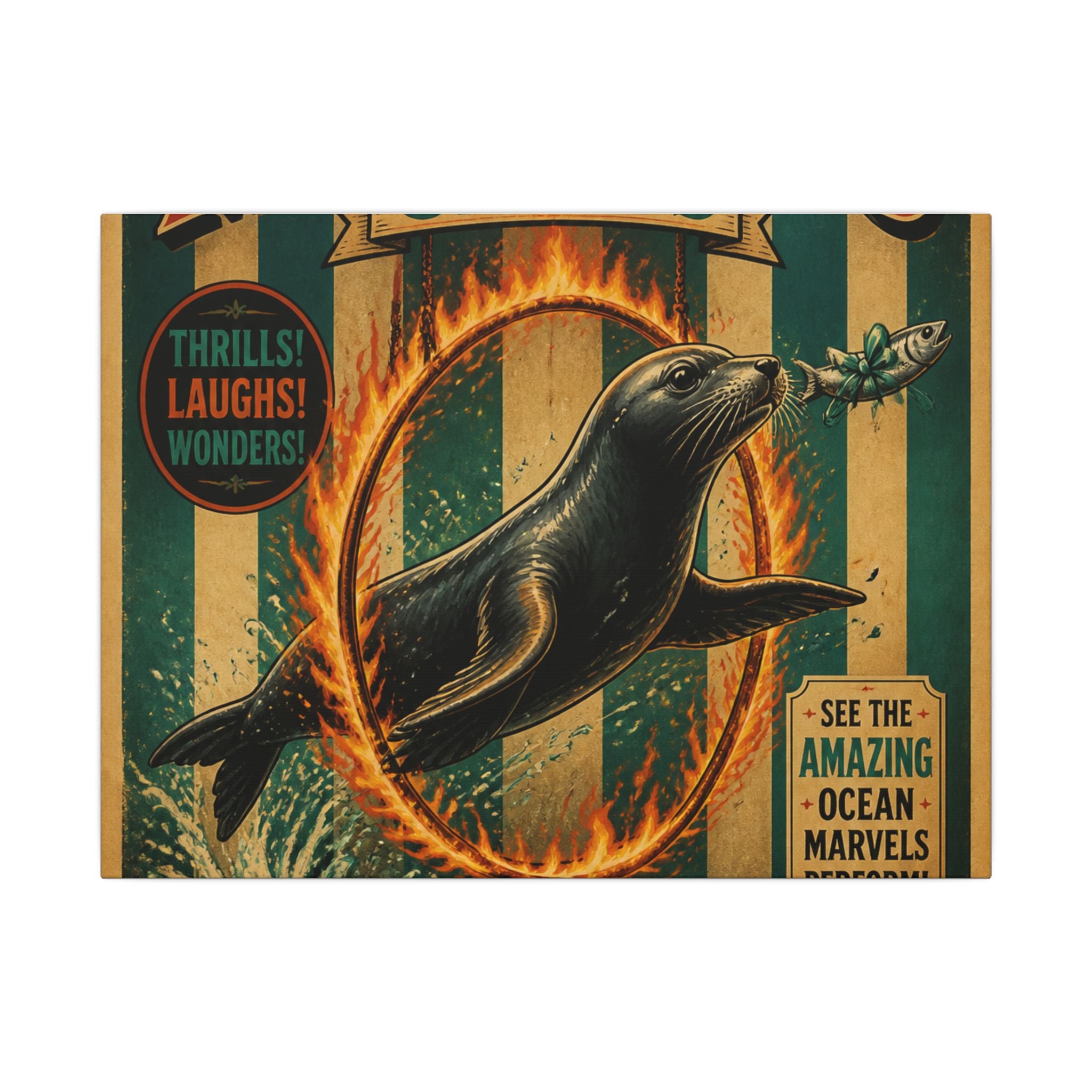 Seal Fire Hoop Wall Art Canvas 24×36 Vintage Circus Bedroom Decor Maximalist Print