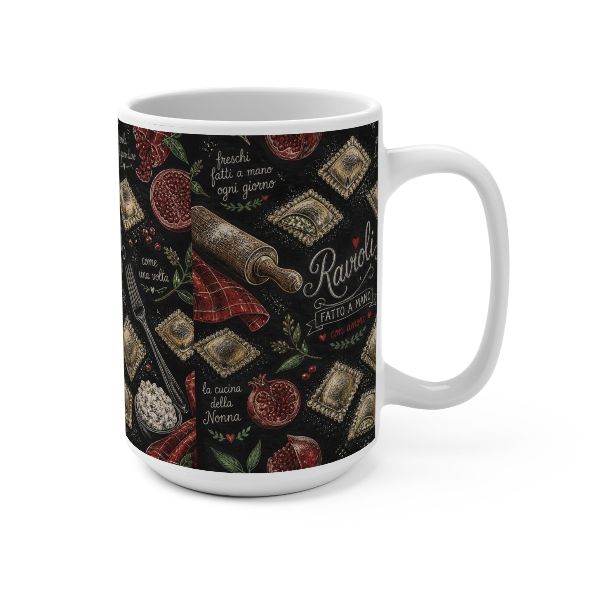 Fresh Ravioli 15oz Ceramic Mug Mediterranean Kitchen Chalk Art Design Italian Cottagecore Gift
