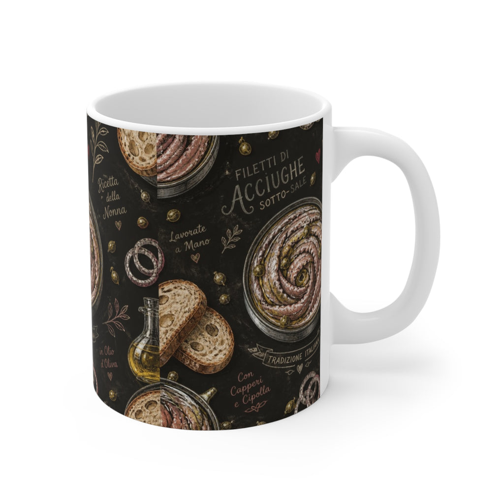 Anchovies & Capers 11oz Ceramic Mug Mediterranean Kitchen Chalk Art Design Italian Cottagecore Gift