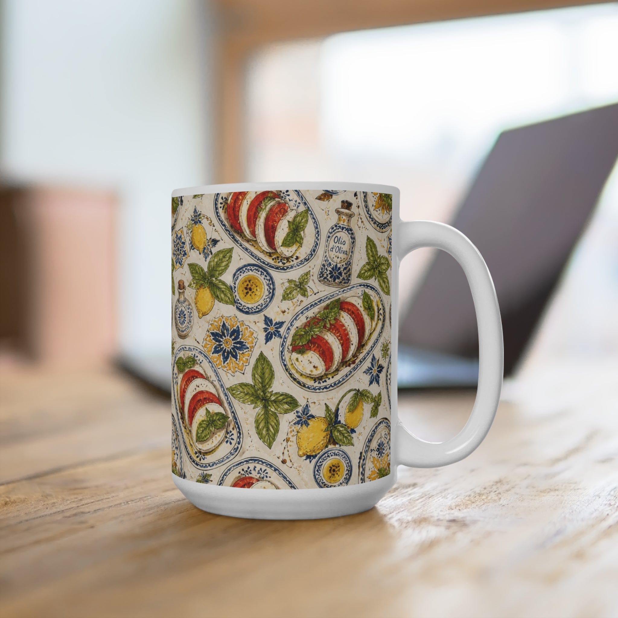 Caprese Arrangement 15oz Ceramic Mug Mediterranean Kitchen Watercolor Design Italian Cottagecore Gift