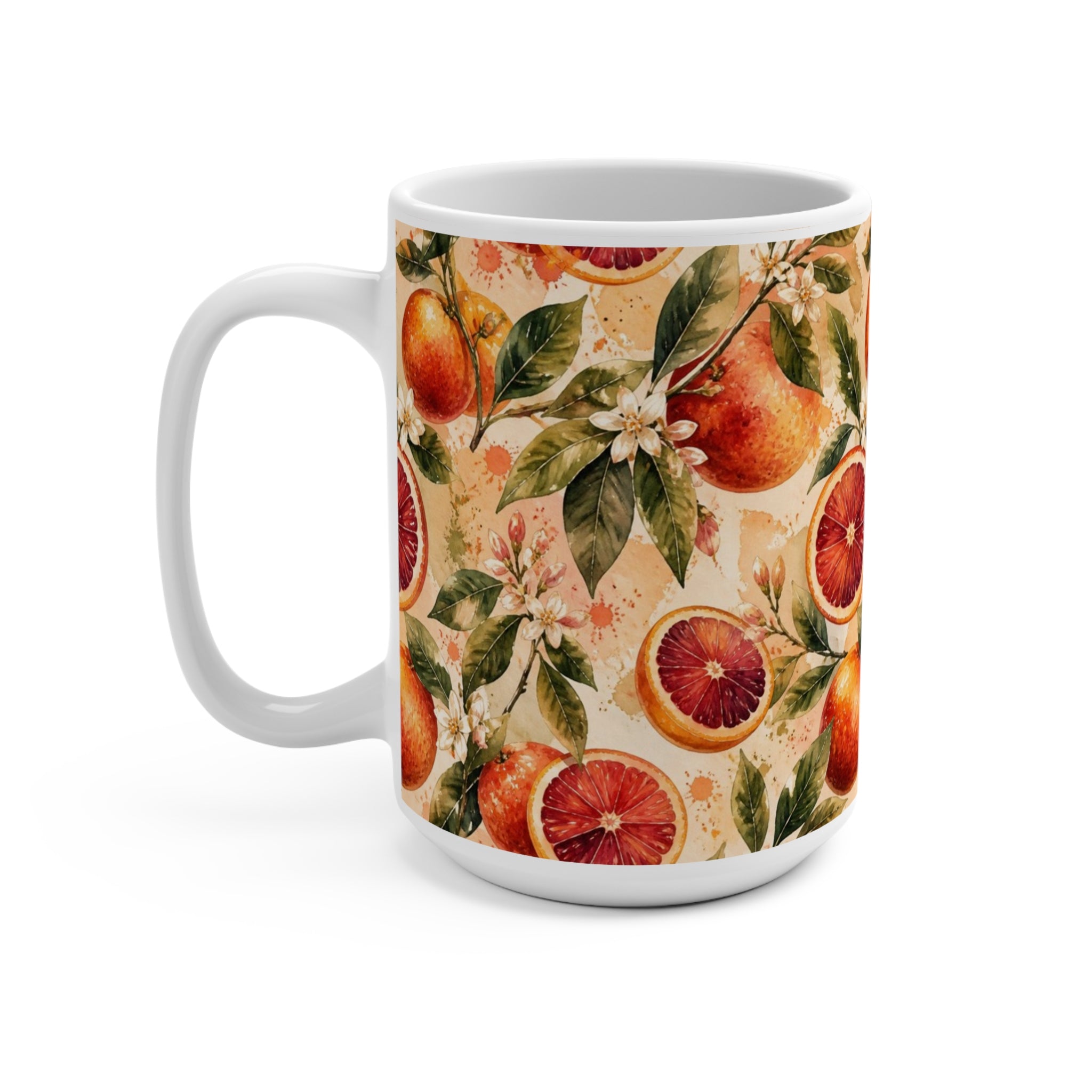 Blood Oranges 15oz Ceramic Mug Mediterranean Kitchen Watercolor Splash Design Italian Cottagecore Gift