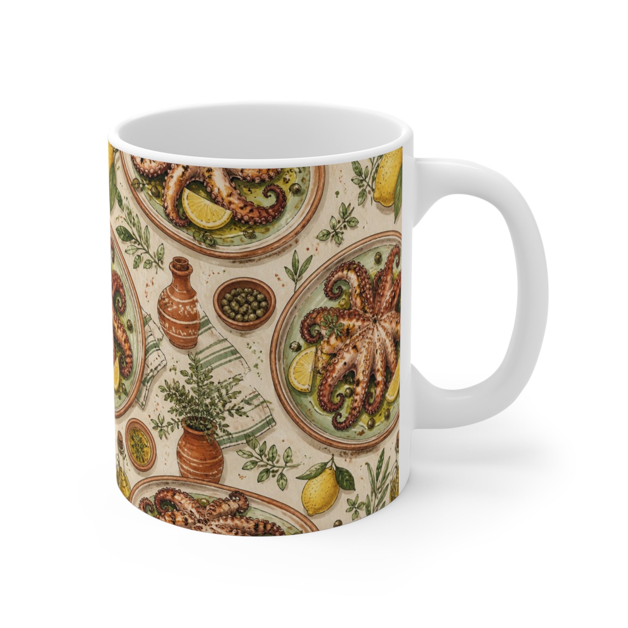 Grilled Octopus 11oz Ceramic Mug Mediterranean Kitchen Watercolor Design Italian Cottagecore Gift