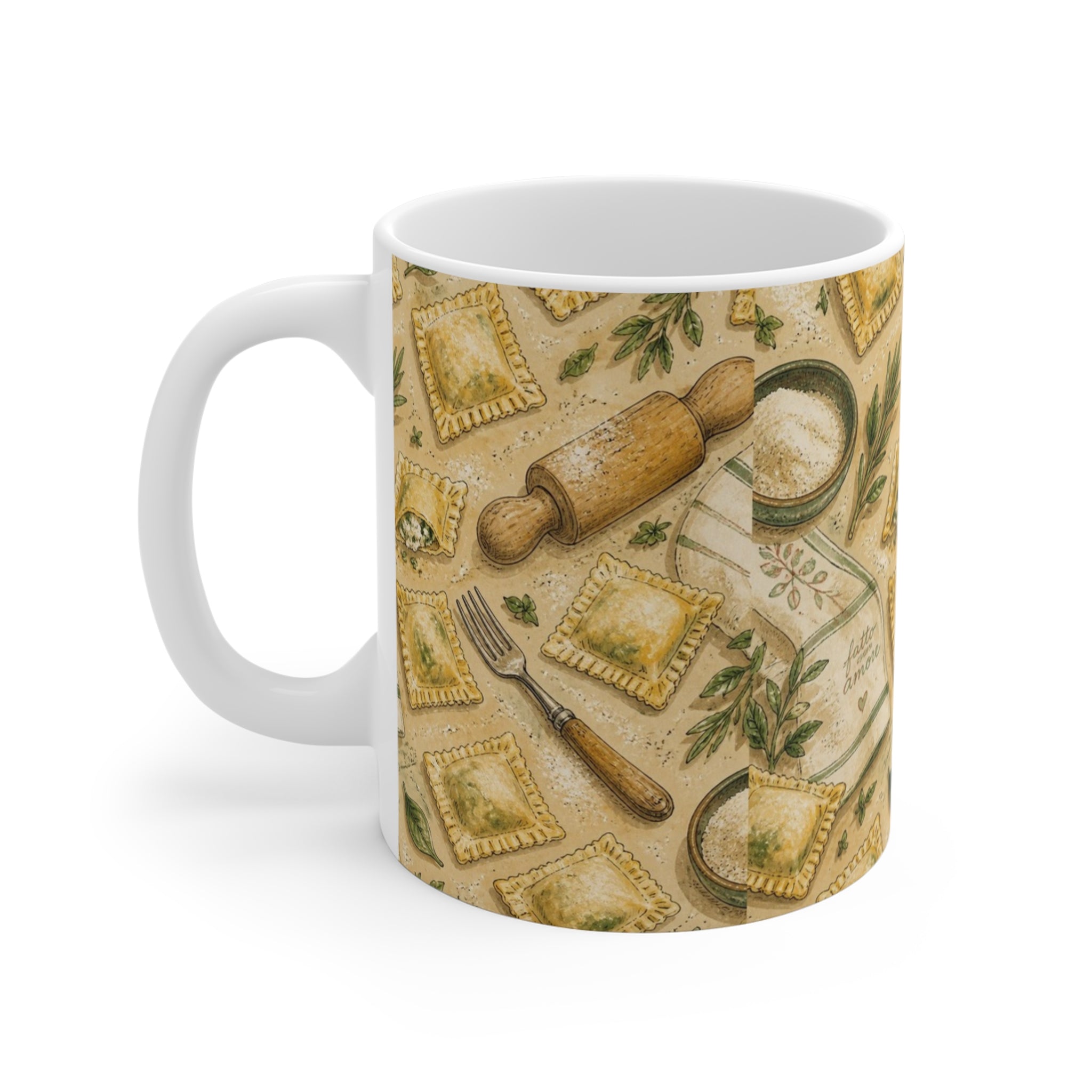 Fresh Ravioli 11oz Ceramic Mug Mediterranean Kitchen Watercolor Design Italian Cottagecore Gift