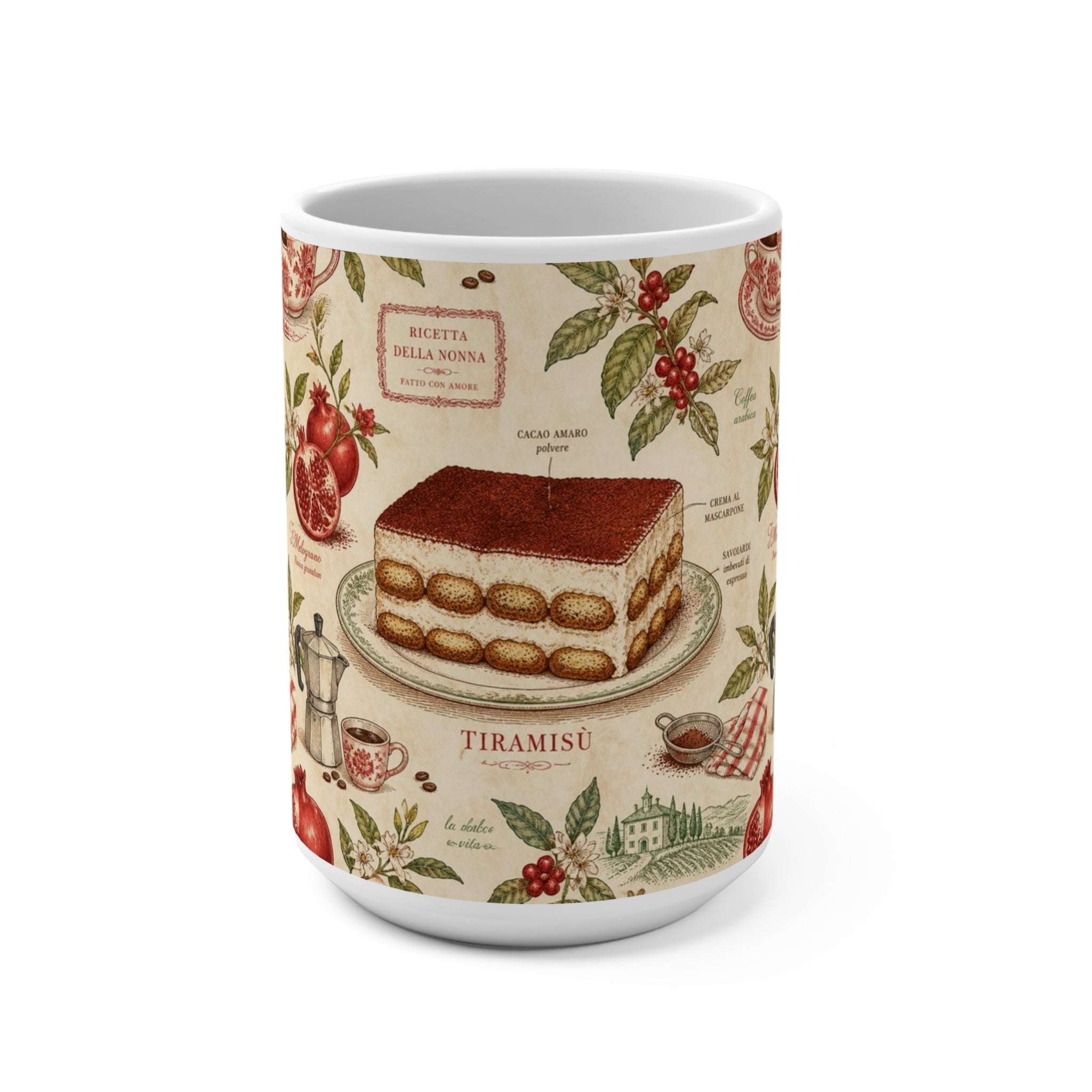 Tiramisu Layers 15oz Ceramic Mug Mediterranean Kitchen Botanical Design Italian Cottagecore Gift