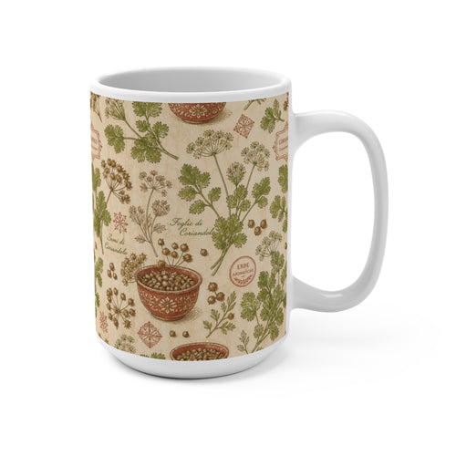 Coriander & Seeds 15oz Ceramic Mug Mediterranean Kitchen Botanical Design Italian Cottagecore Gift