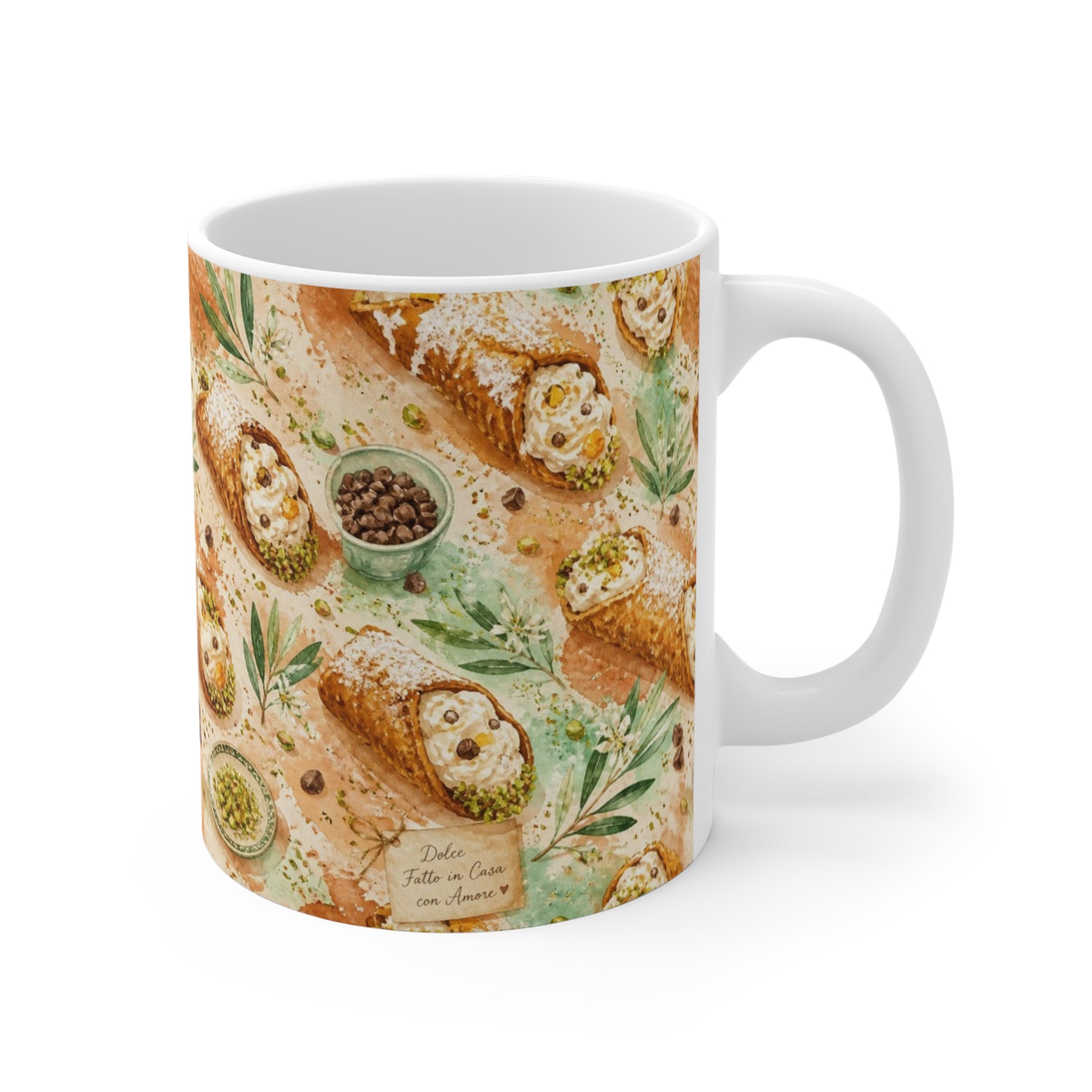 Sicilian Cannoli 11oz Ceramic Mug Mediterranean Kitchen Watercolor Splash Design Italian Cottagecore Gift