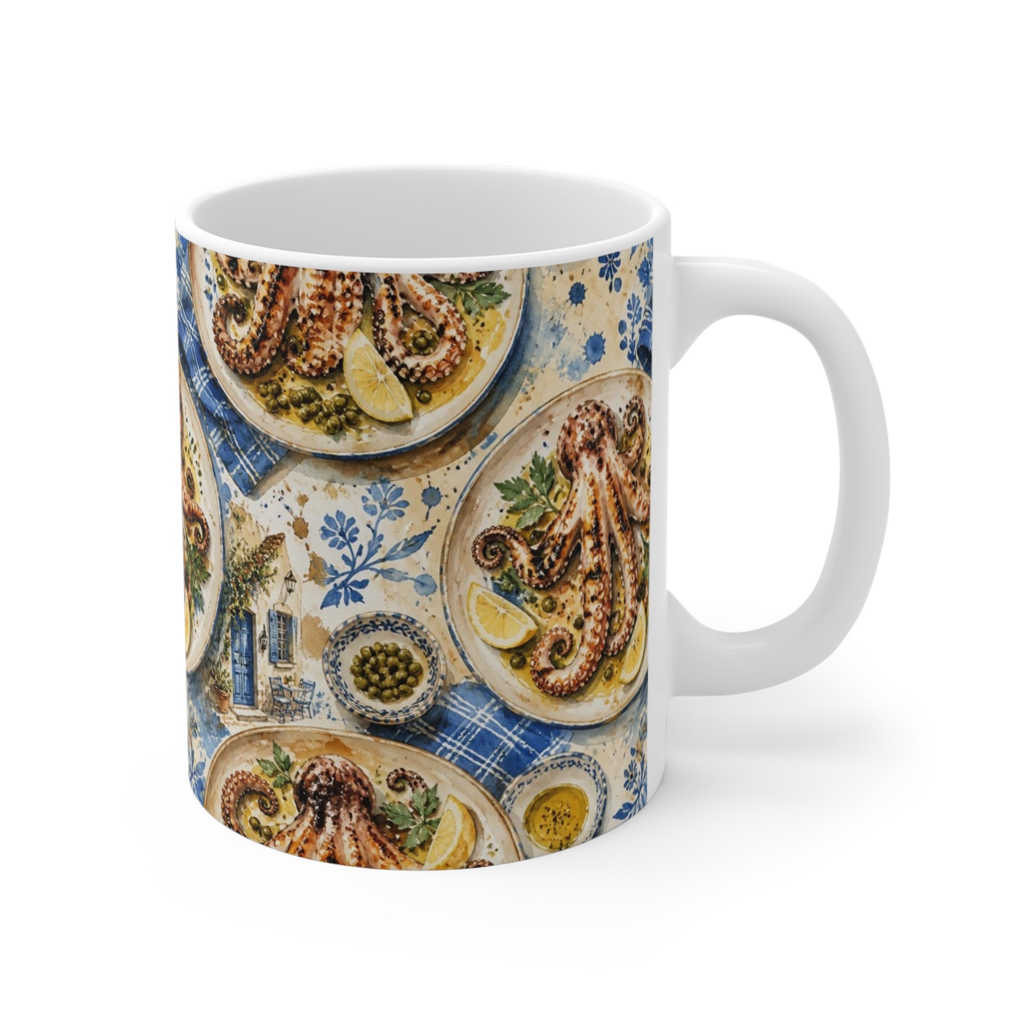 Grilled Octopus 11oz Ceramic Mug Mediterranean Kitchen Watercolor Splash Design Italian Cottagecore Gift