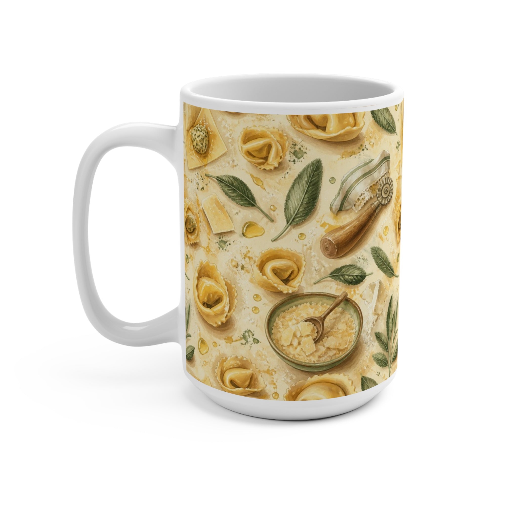 Tortellini with Sage 15oz Ceramic Mug Mediterranean Kitchen Watercolor Splash Design Italian Cottagecore Gift