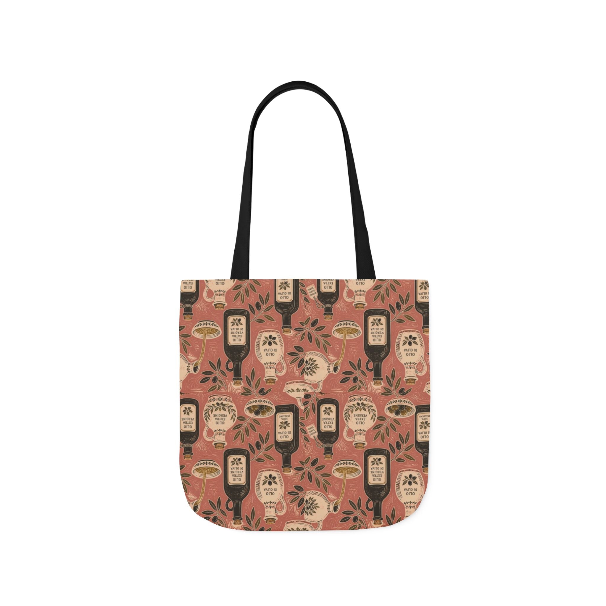 Olive Oil Bottles Canvas Tote Bag Mediterranean Kitchen Linocut Design Italian Cottagecore Gift