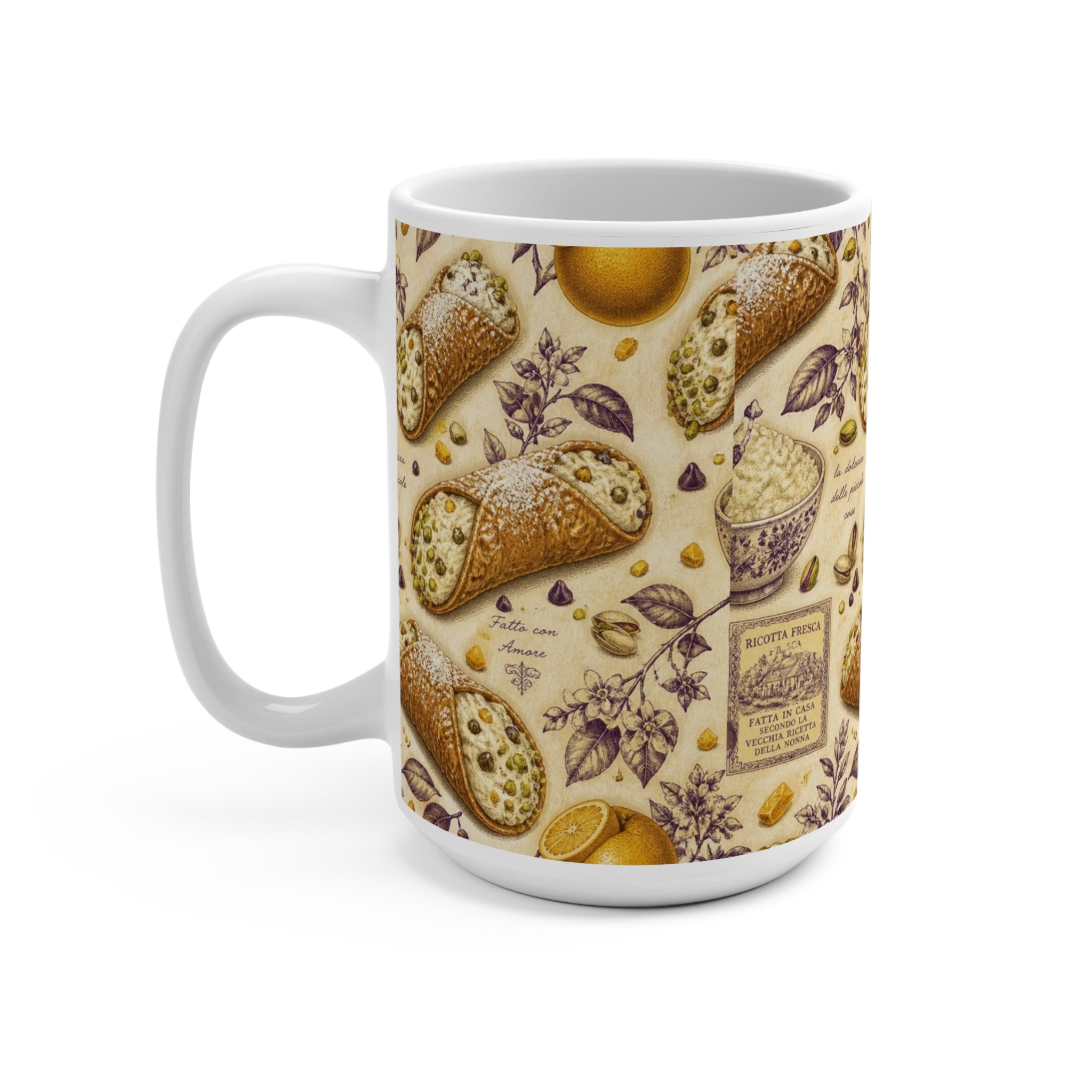 Sicilian Cannoli 15oz Ceramic Mug Mediterranean Kitchen Botanical Design Italian Cottagecore Gift