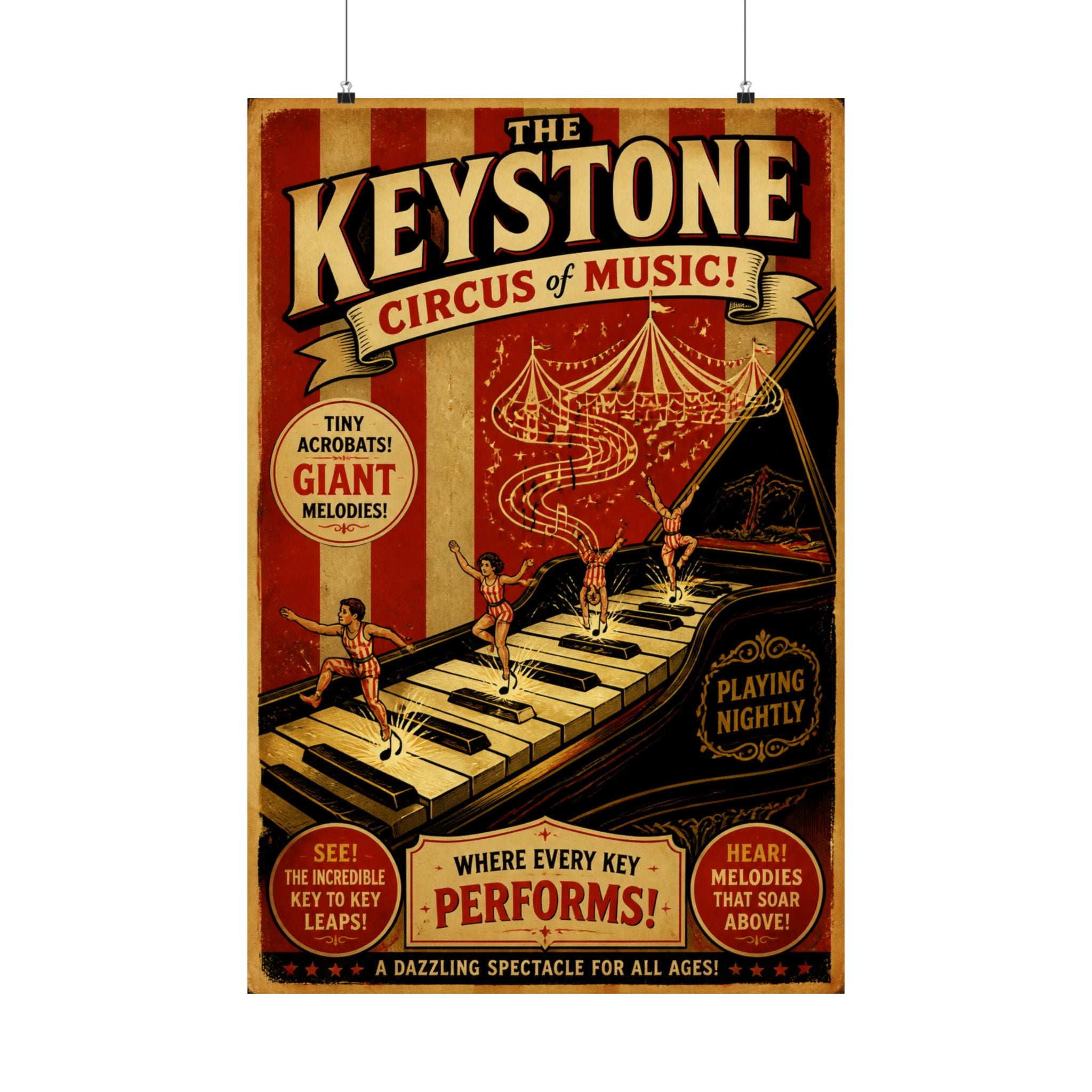 Grand Piano Acrobats Wall Art Poster 24×36 Vintage Circus Bedroom Decor Maximalist Print
