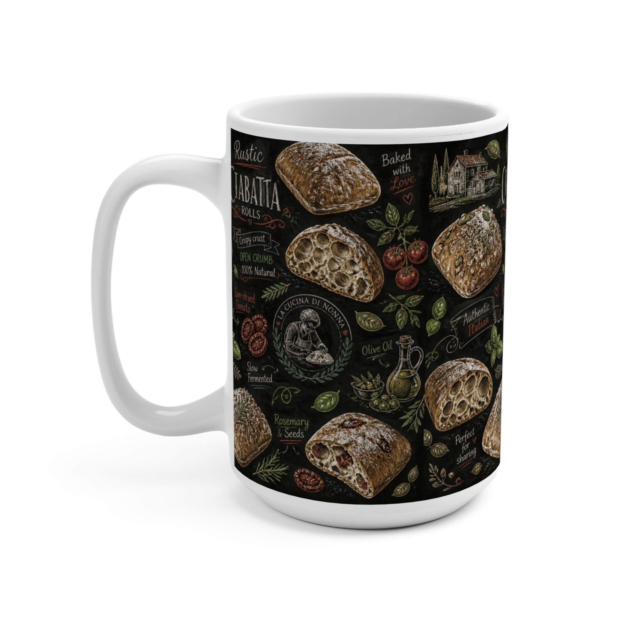 Ciabatta Rolls 15oz Ceramic Mug Mediterranean Kitchen Chalk Art Design Italian Cottagecore Gift