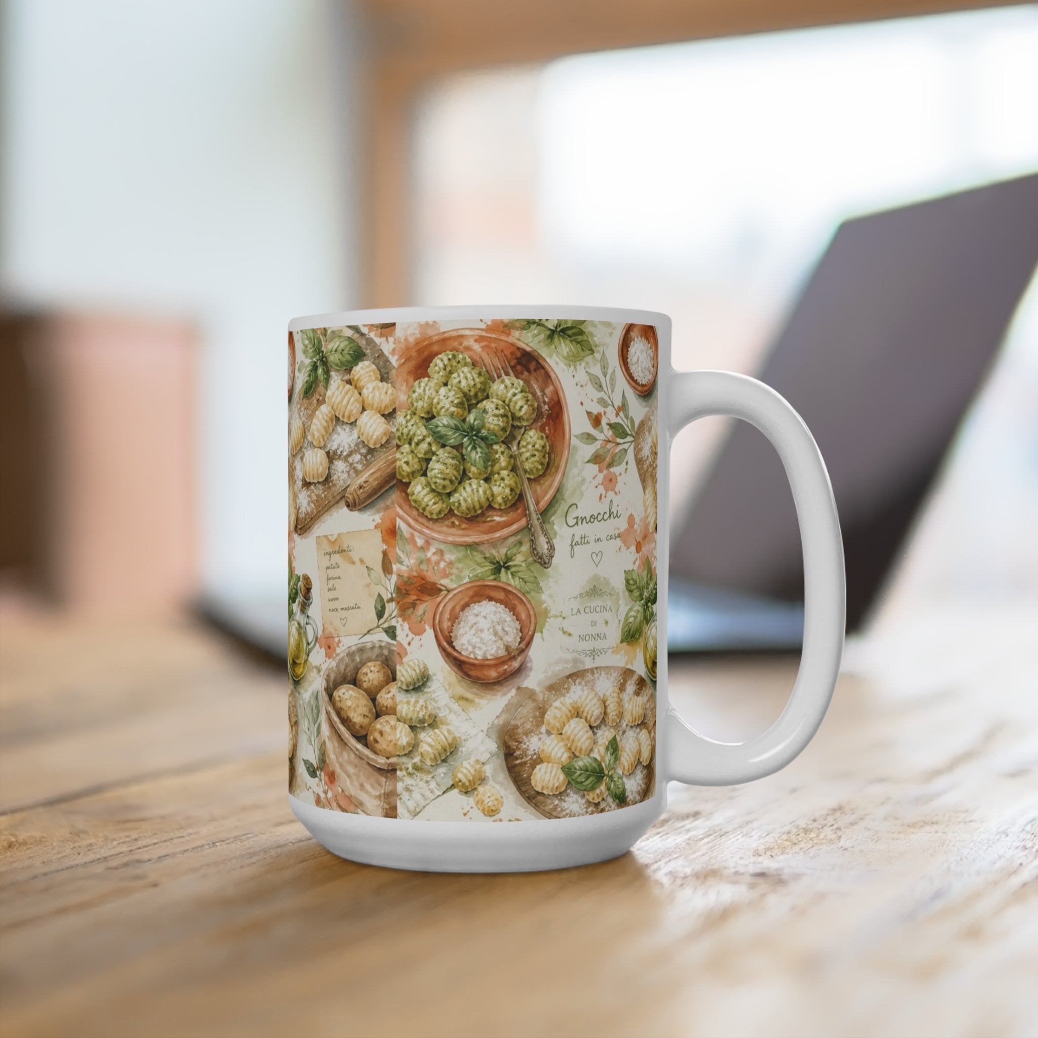Potato Gnocchi 15oz Ceramic Mug Mediterranean Kitchen Watercolor Splash Design Italian Cottagecore Gift