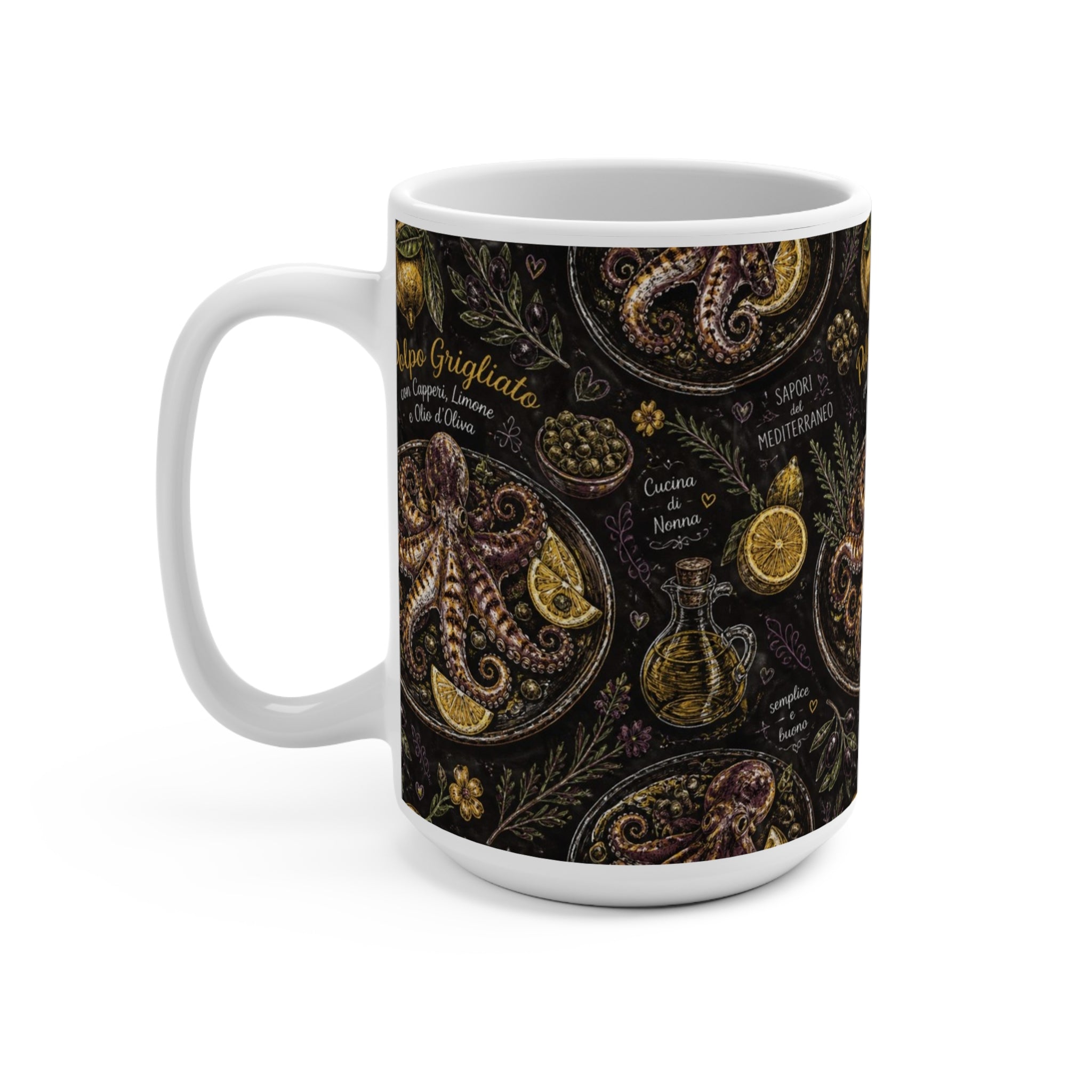 Grilled Octopus 15oz Ceramic Mug Mediterranean Kitchen Chalk Art Design Italian Cottagecore Gift