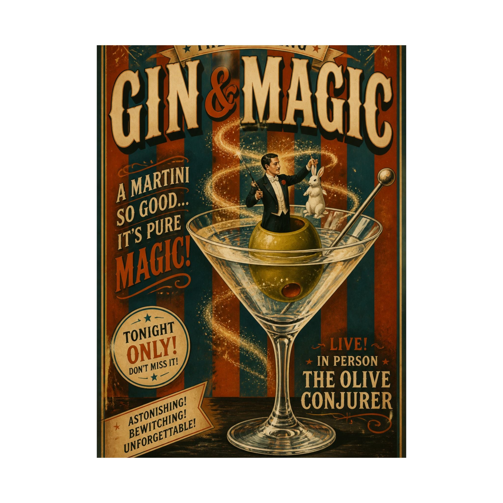 Martini Magician Wall Art Poster 18×24 Vintage Circus Kitchen Decor Maximalist Print