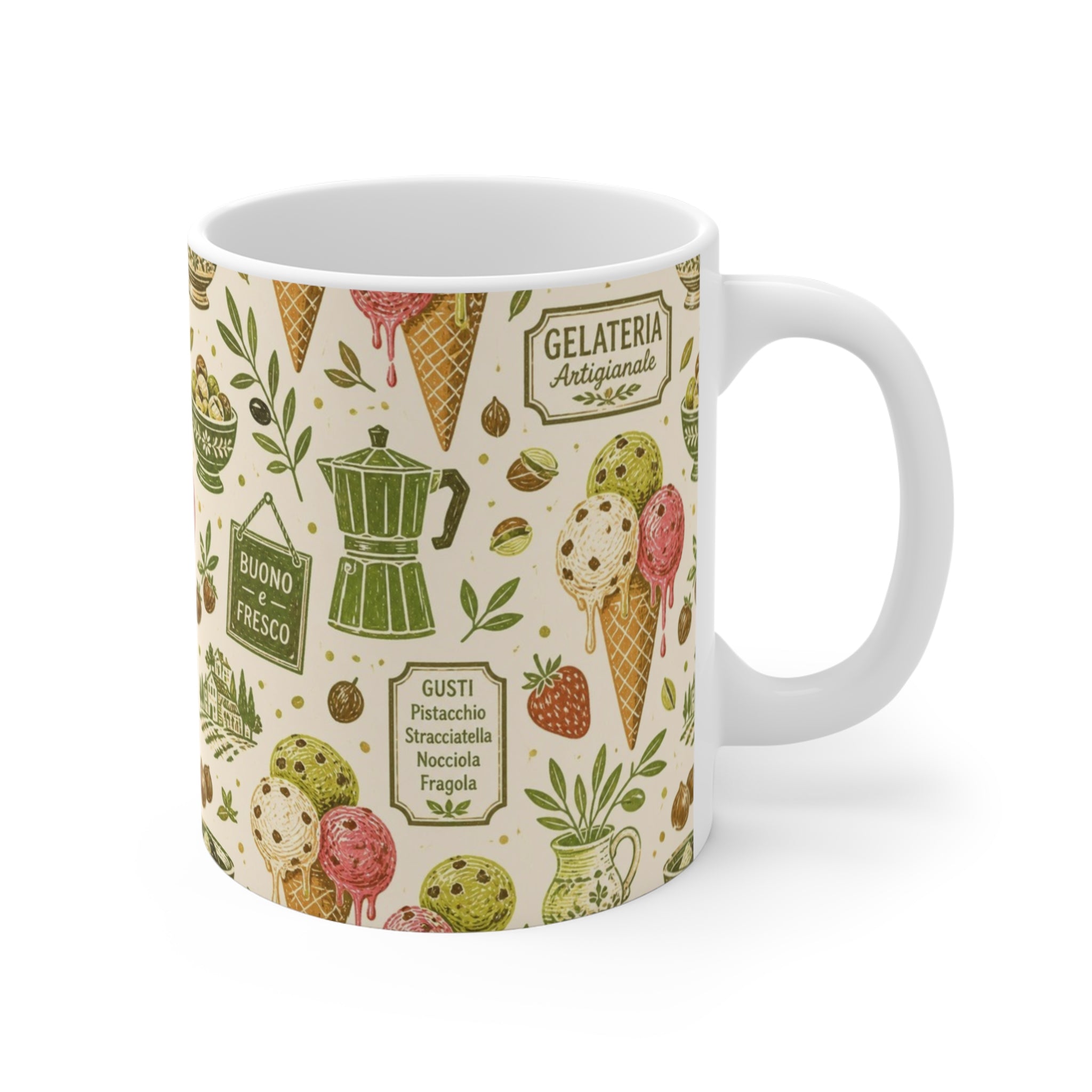 Gelato Scoops 11oz Ceramic Mug Mediterranean Kitchen Linocut Design Italian Cottagecore Gift