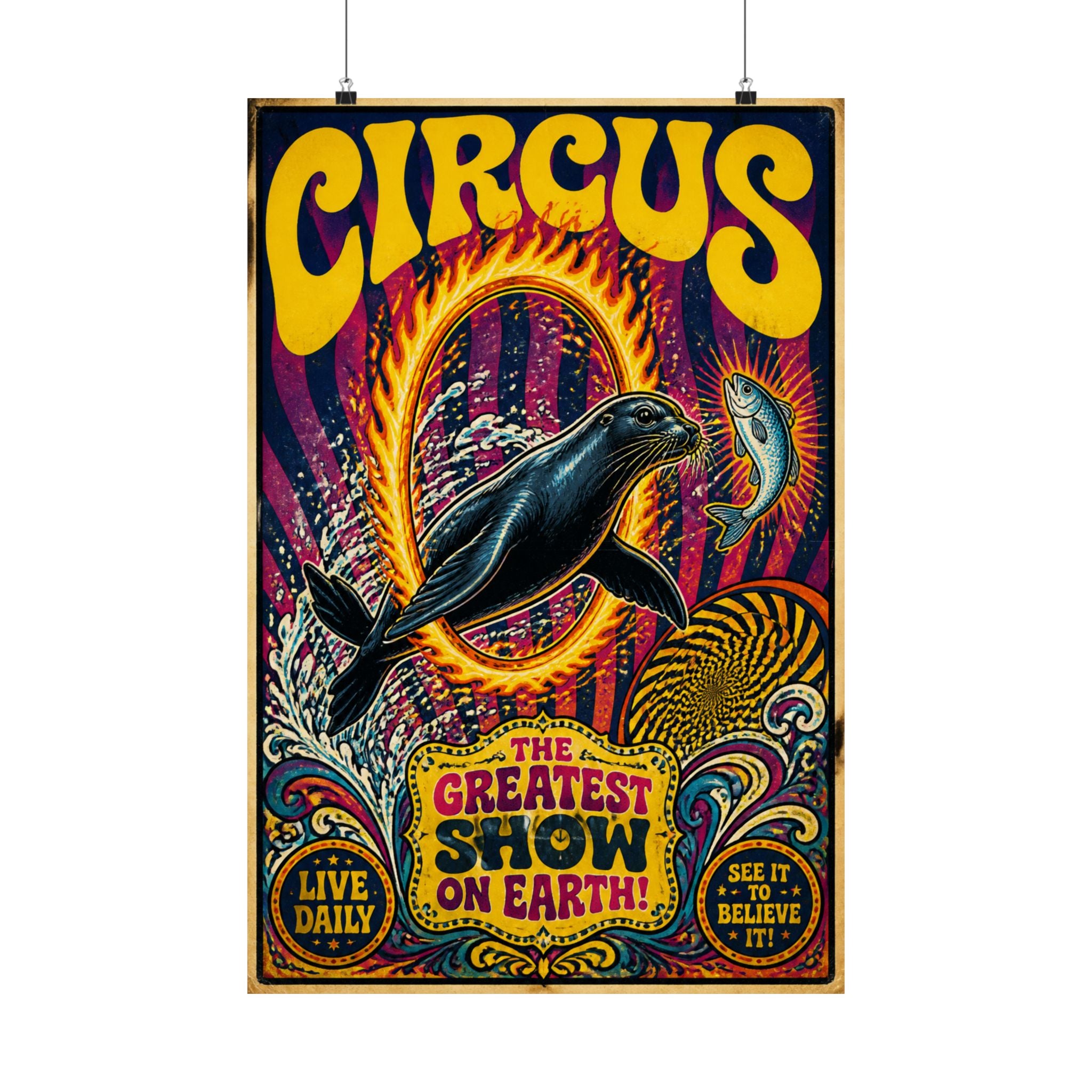 Seal Fire Hoop Wall Art Poster 18×24 Psychedelic Cafe Decor Maximalist Print