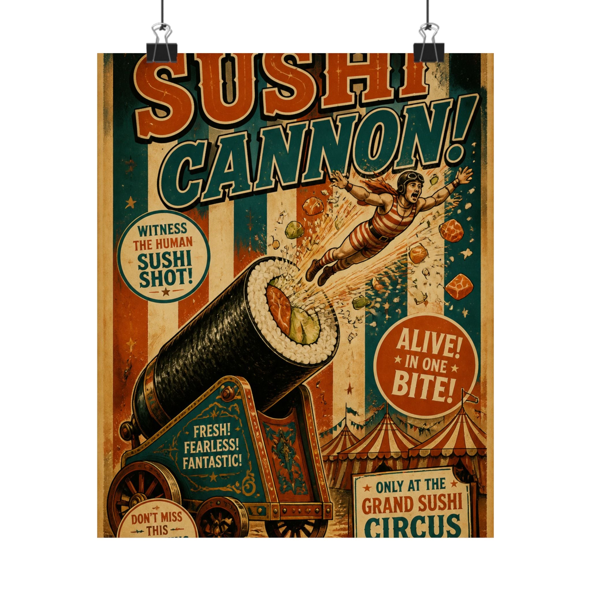 Sushi Roll Cannon Wall Art Poster 24×36 Vintage Circus Bedroom Decor Maximalist Print