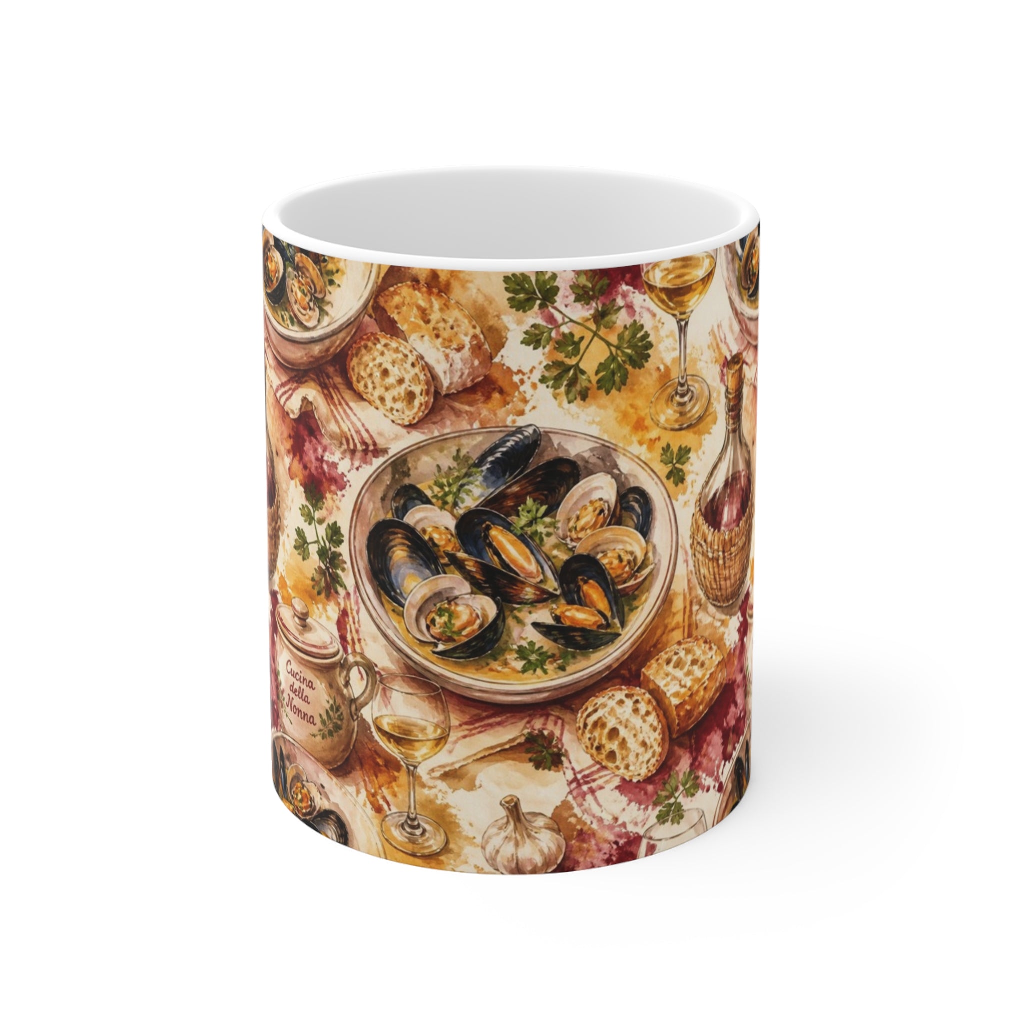 Mussels & Clams 11oz Ceramic Mug Mediterranean Kitchen Watercolor Splash Design Italian Cottagecore Gift