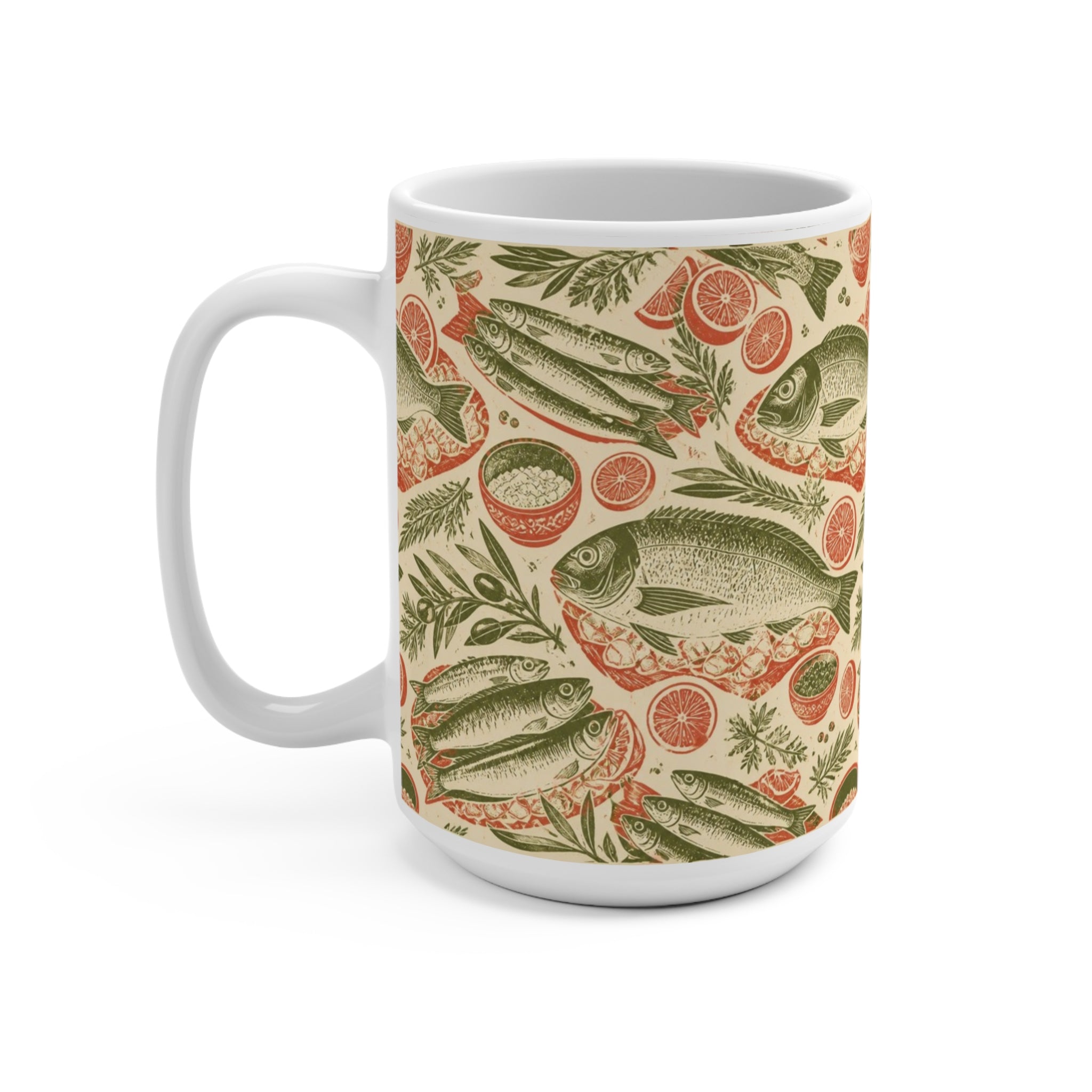 Mediterranean Fish 15oz Ceramic Mug Mediterranean Kitchen Linocut Design Italian Cottagecore Gift