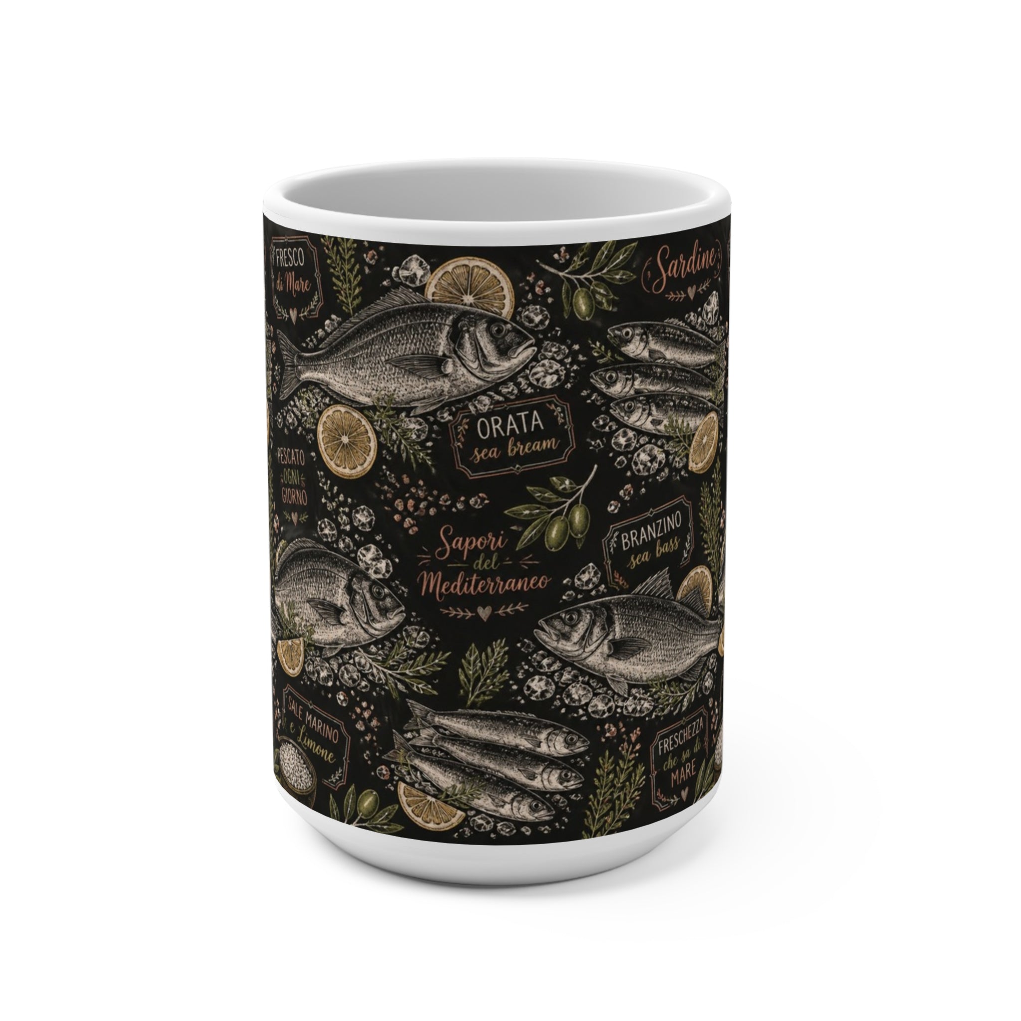 Mediterranean Fish 15oz Ceramic Mug Mediterranean Kitchen Chalk Art Design Italian Cottagecore Gift