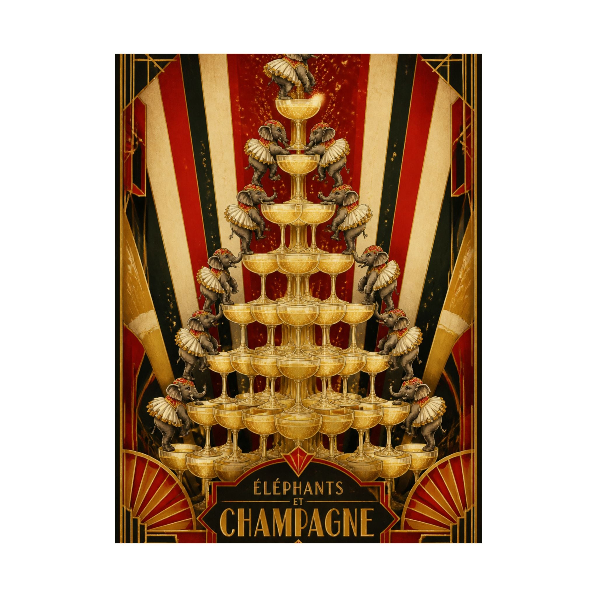 Champagne Tower Elephants Wall Art Poster 24×36 Art Deco Bar Area Decor Maximalist Print