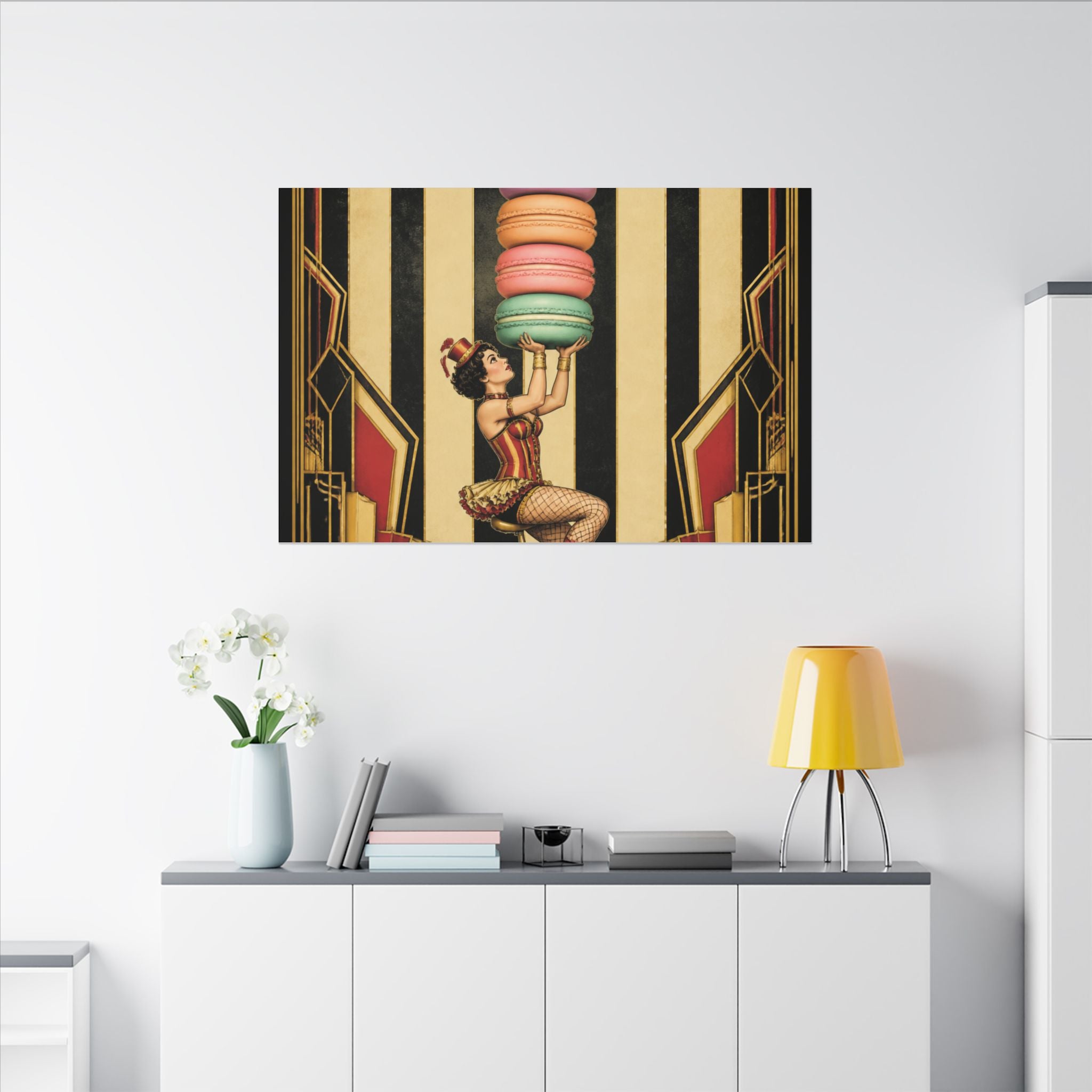 Macaron Balancing Tower Wall Art Canvas 24×36 Art Deco Bar Area Decor Maximalist Print