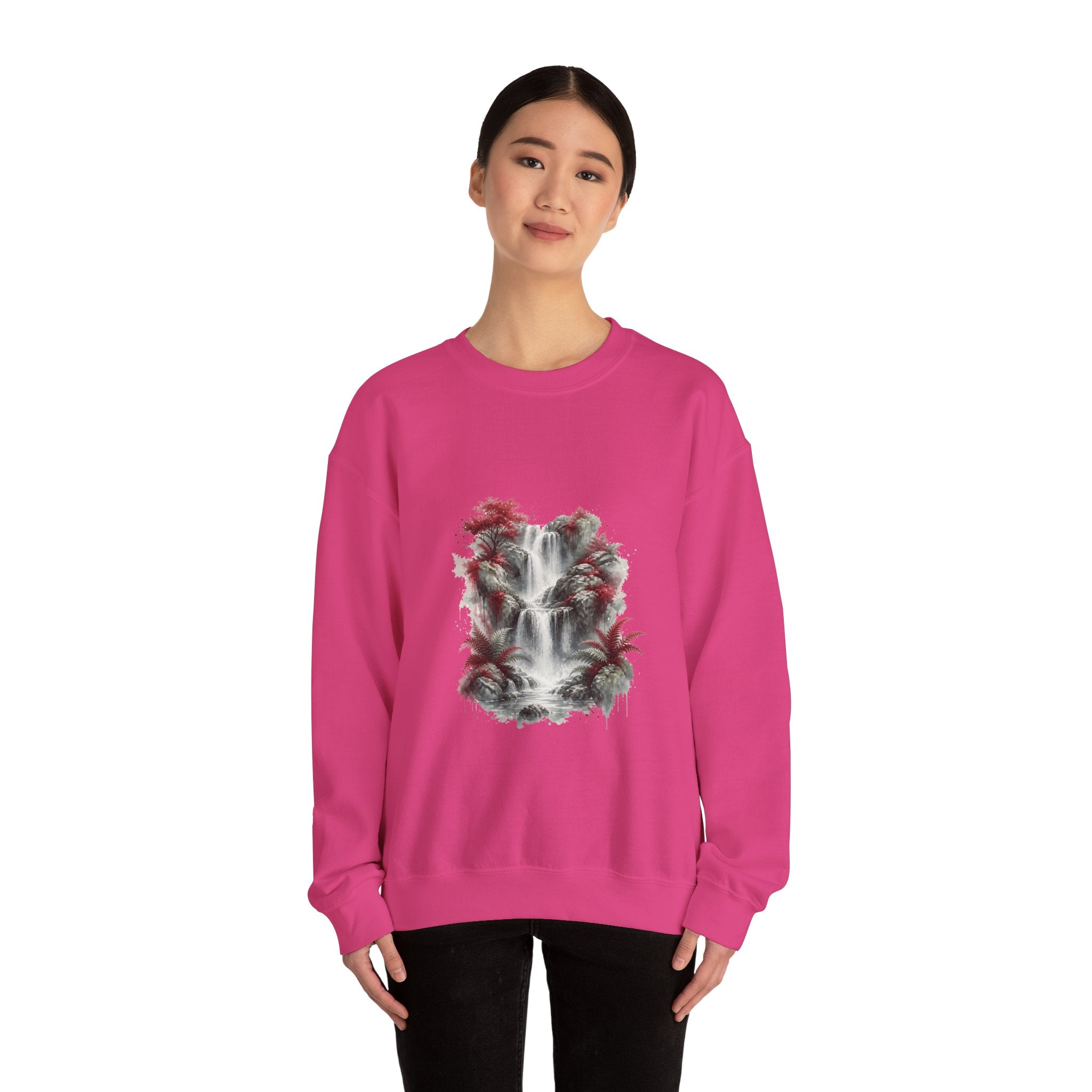 Matching Couple Sweatshirt - Wildfire & Waterfall Matching Couple Crewneck Sweatshirt Watercolor Art His Hers Engagement Gift - Design B
