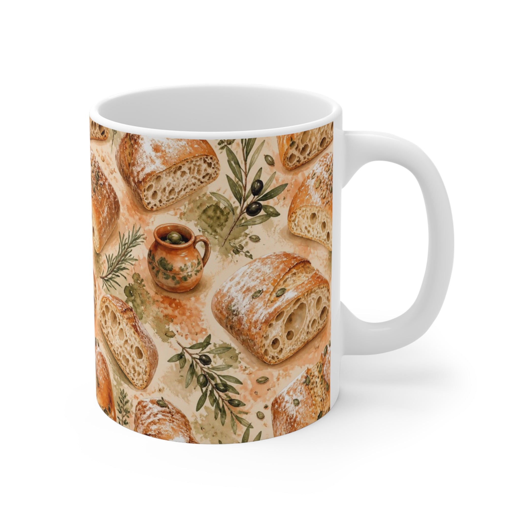 Ciabatta Rolls 11oz Ceramic Mug Mediterranean Kitchen Watercolor Splash Design Italian Cottagecore Gift