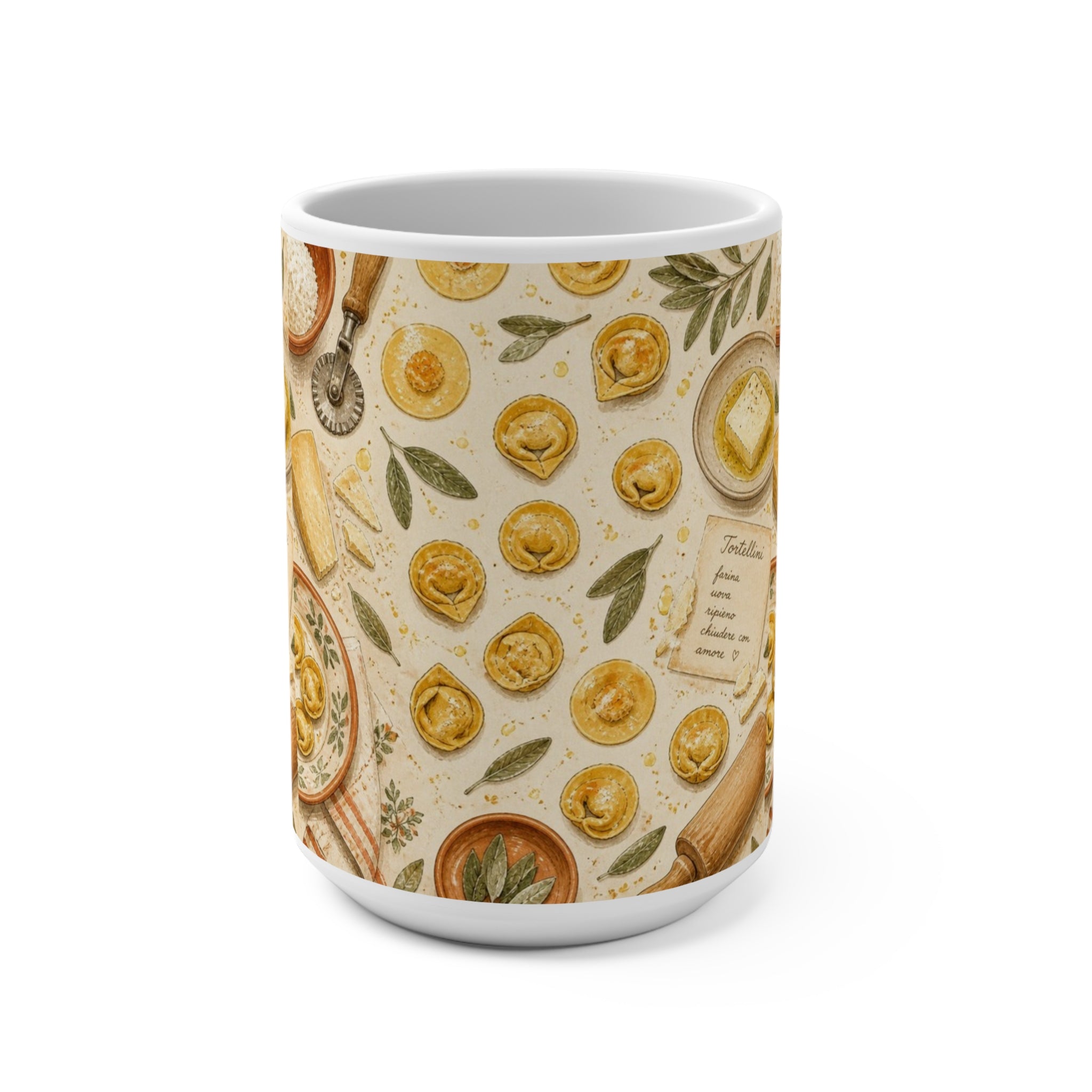 Tortellini with Sage 15oz Ceramic Mug Mediterranean Kitchen Watercolor Design Italian Cottagecore Gift
