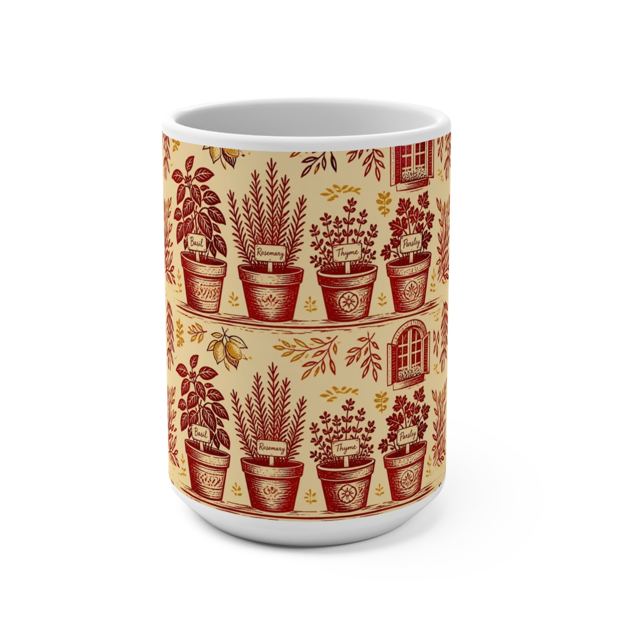 Terracotta Herb Pots 15oz Ceramic Mug Mediterranean Kitchen Linocut Design Italian Cottagecore Gift