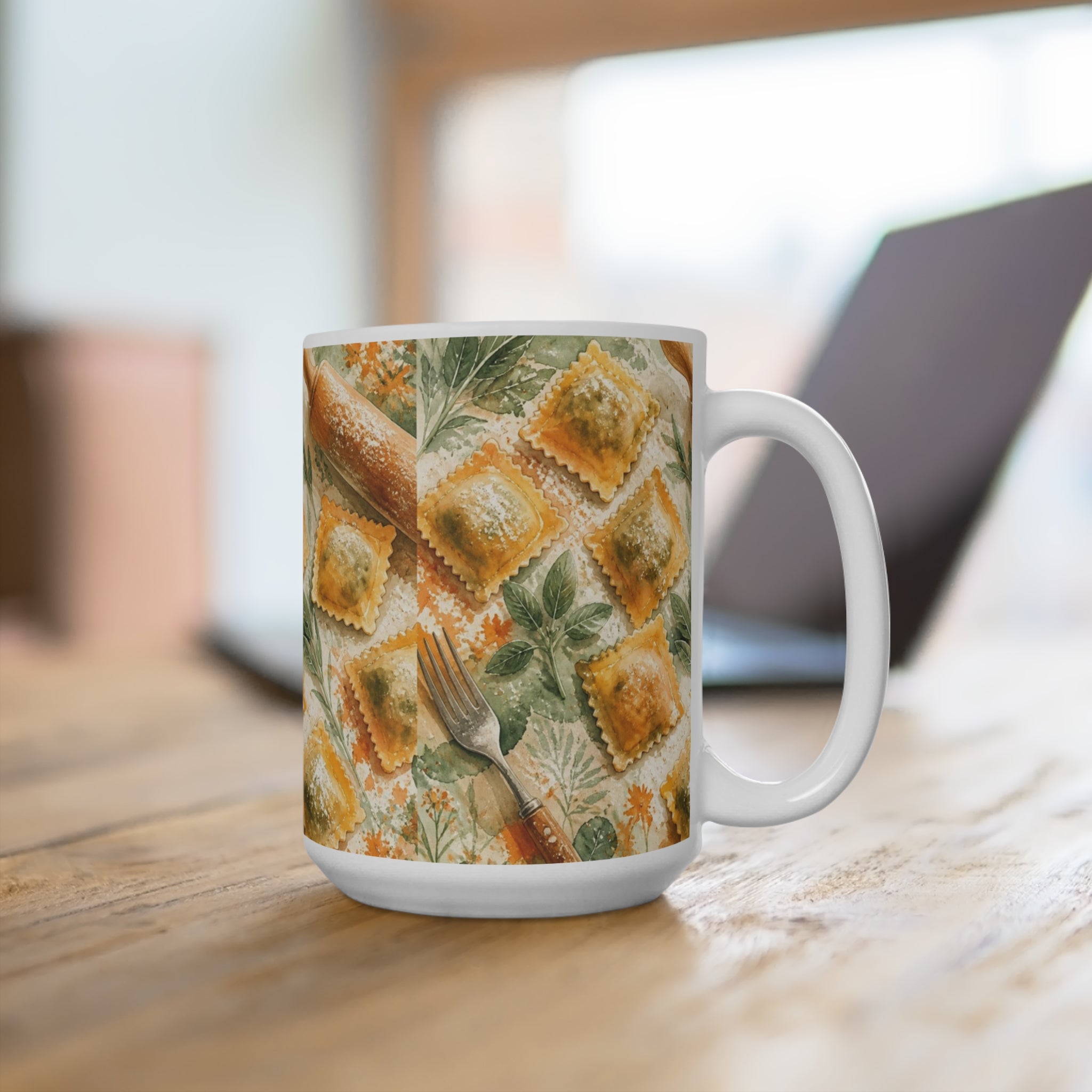 Fresh Ravioli 15oz Ceramic Mug Mediterranean Kitchen Watercolor Splash Design Italian Cottagecore Gift