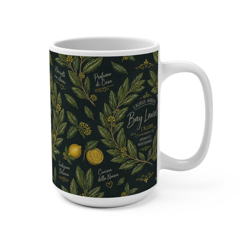 Bay Laurel Wreath 15oz Ceramic Mug Mediterranean Kitchen Chalk Art Design Italian Cottagecore Gift