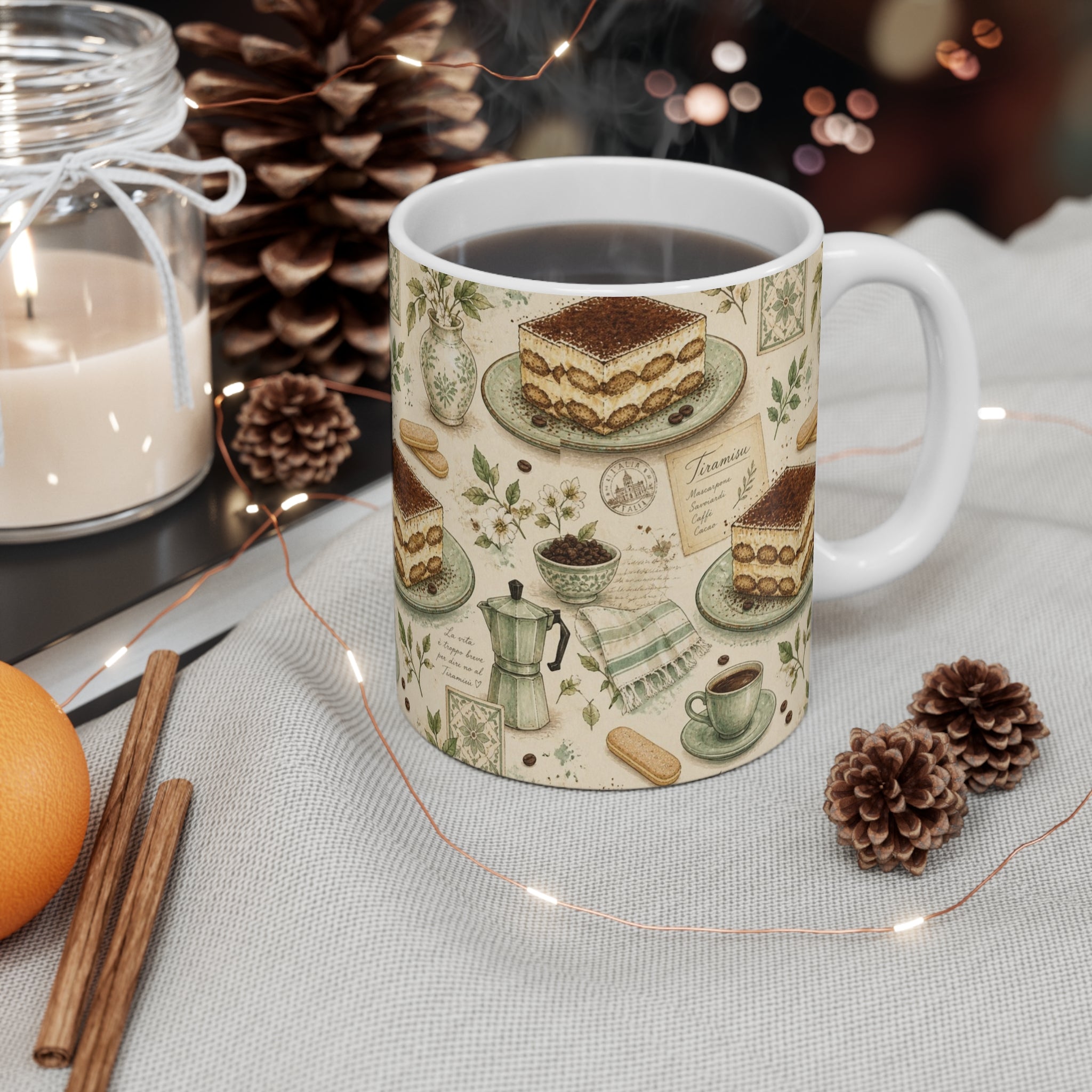 Tiramisu Layers 11oz Ceramic Mug Mediterranean Kitchen Watercolor Design Italian Cottagecore Gift