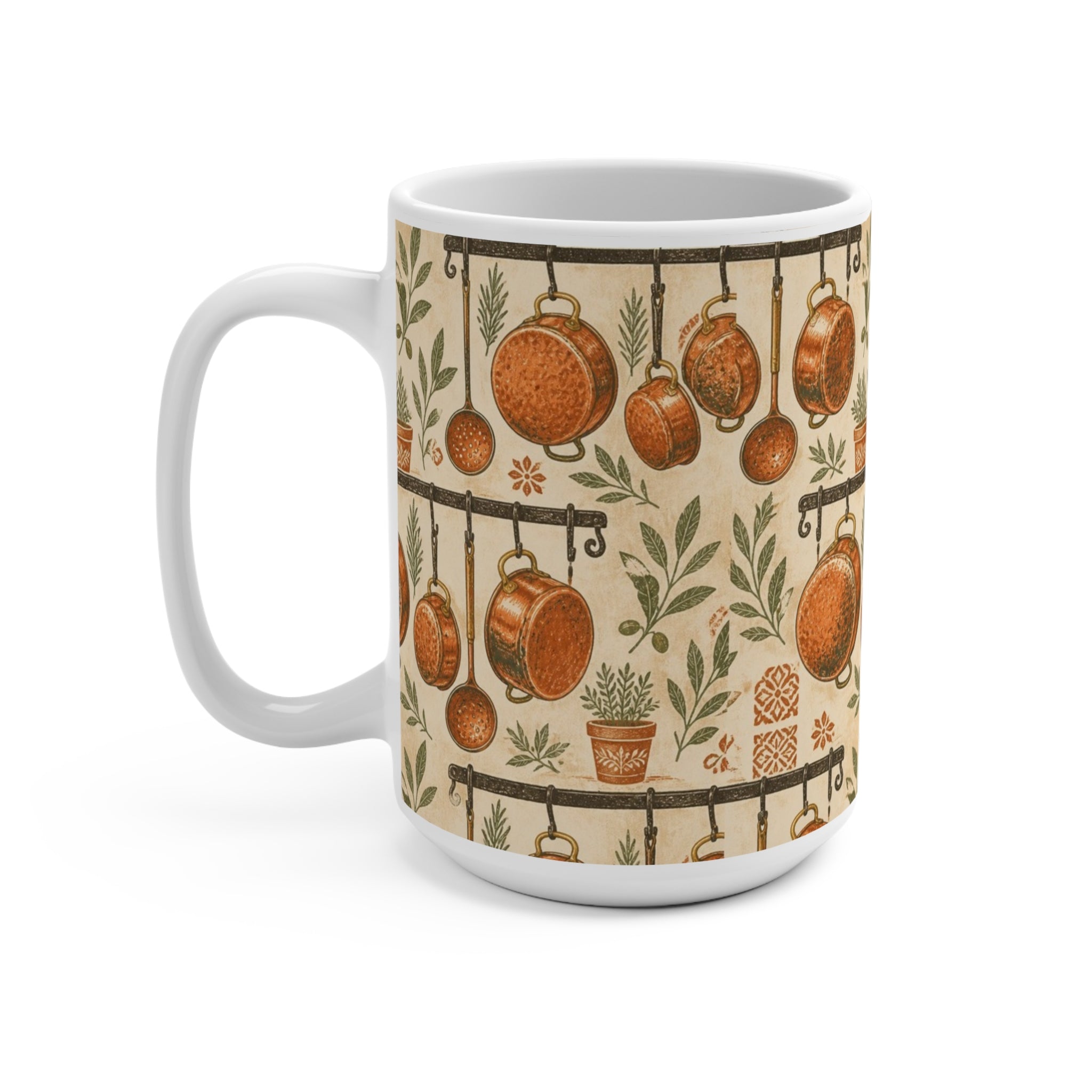 Copper Cookware 15oz Ceramic Mug Mediterranean Kitchen Linocut Design Italian Cottagecore Gift