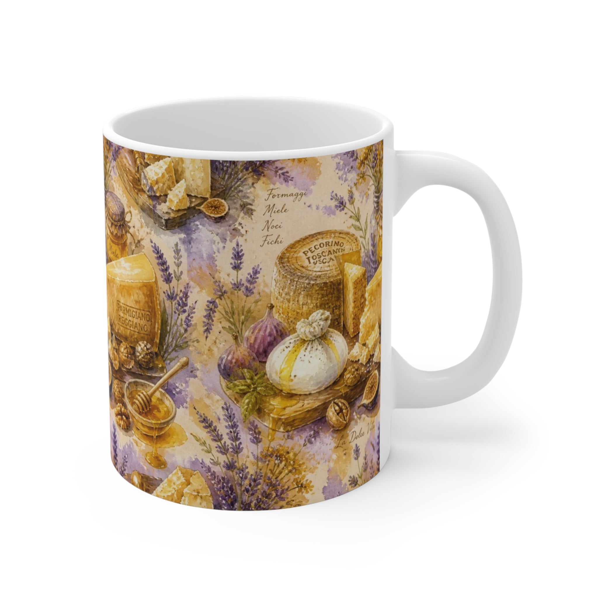 Italian Cheese Board 11oz Ceramic Mug Mediterranean Kitchen Watercolor Splash Design Italian Cottagecore Gift