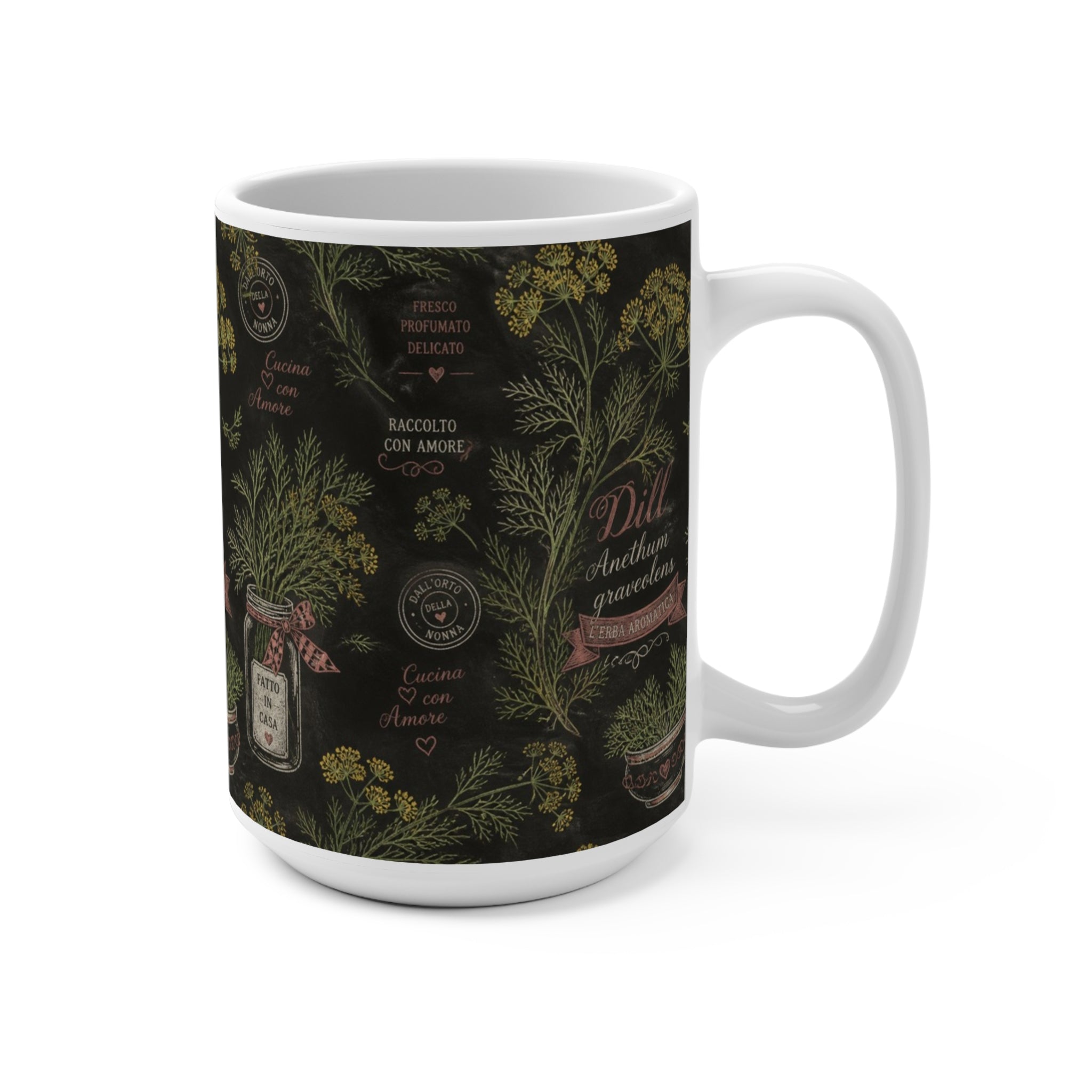 Dill Fronds 15oz Ceramic Mug Mediterranean Kitchen Chalk Art Design Italian Cottagecore Gift