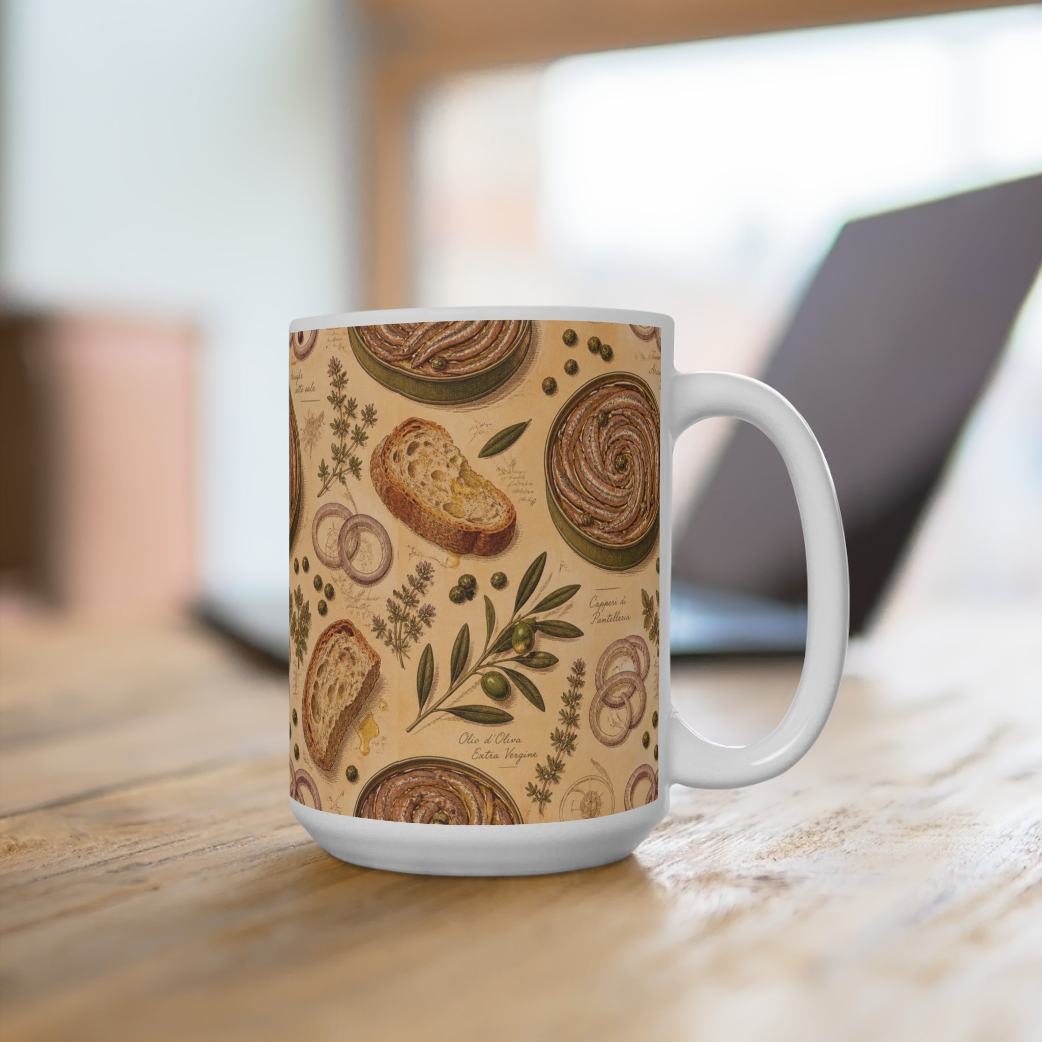 Anchovies & Capers 15oz Ceramic Mug Mediterranean Kitchen Botanical Design Italian Cottagecore Gift